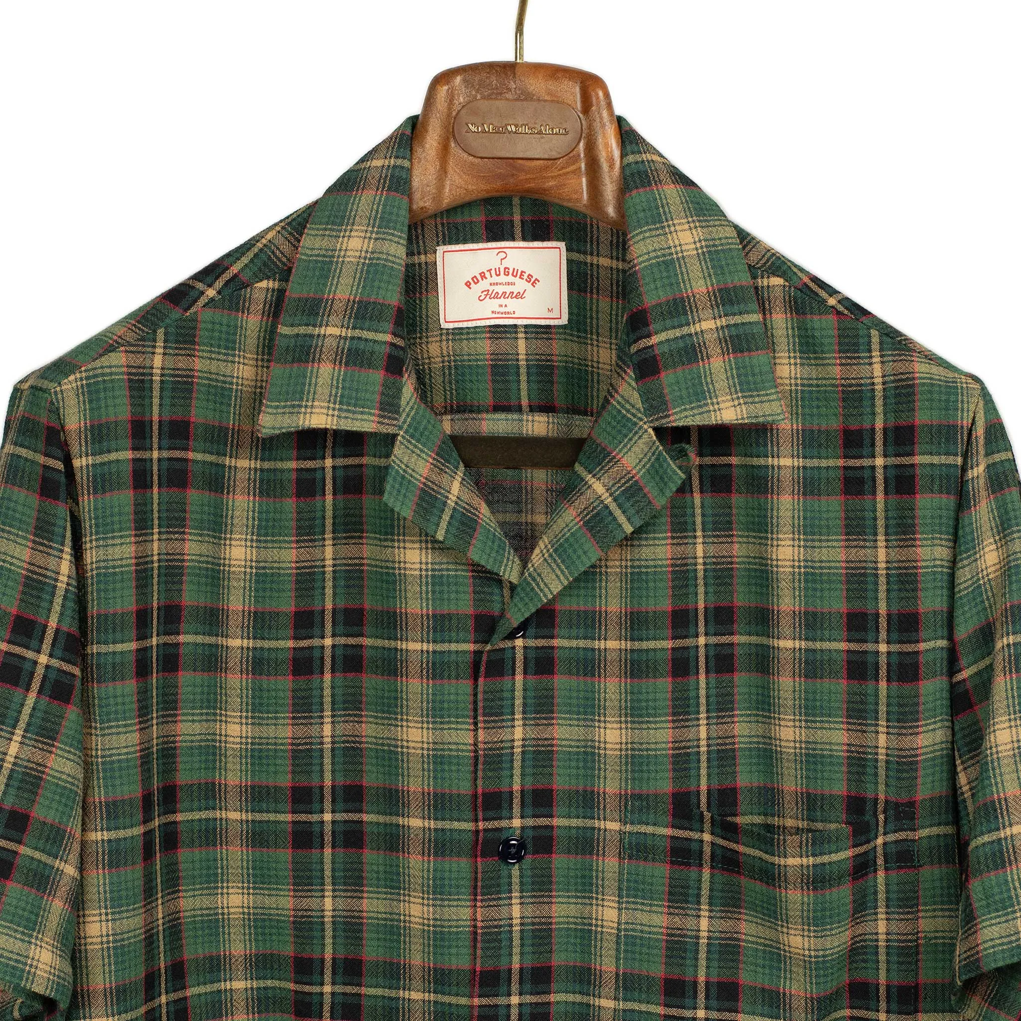 Flan camp collar shirt in green, beige, and red tartan viscose/wool