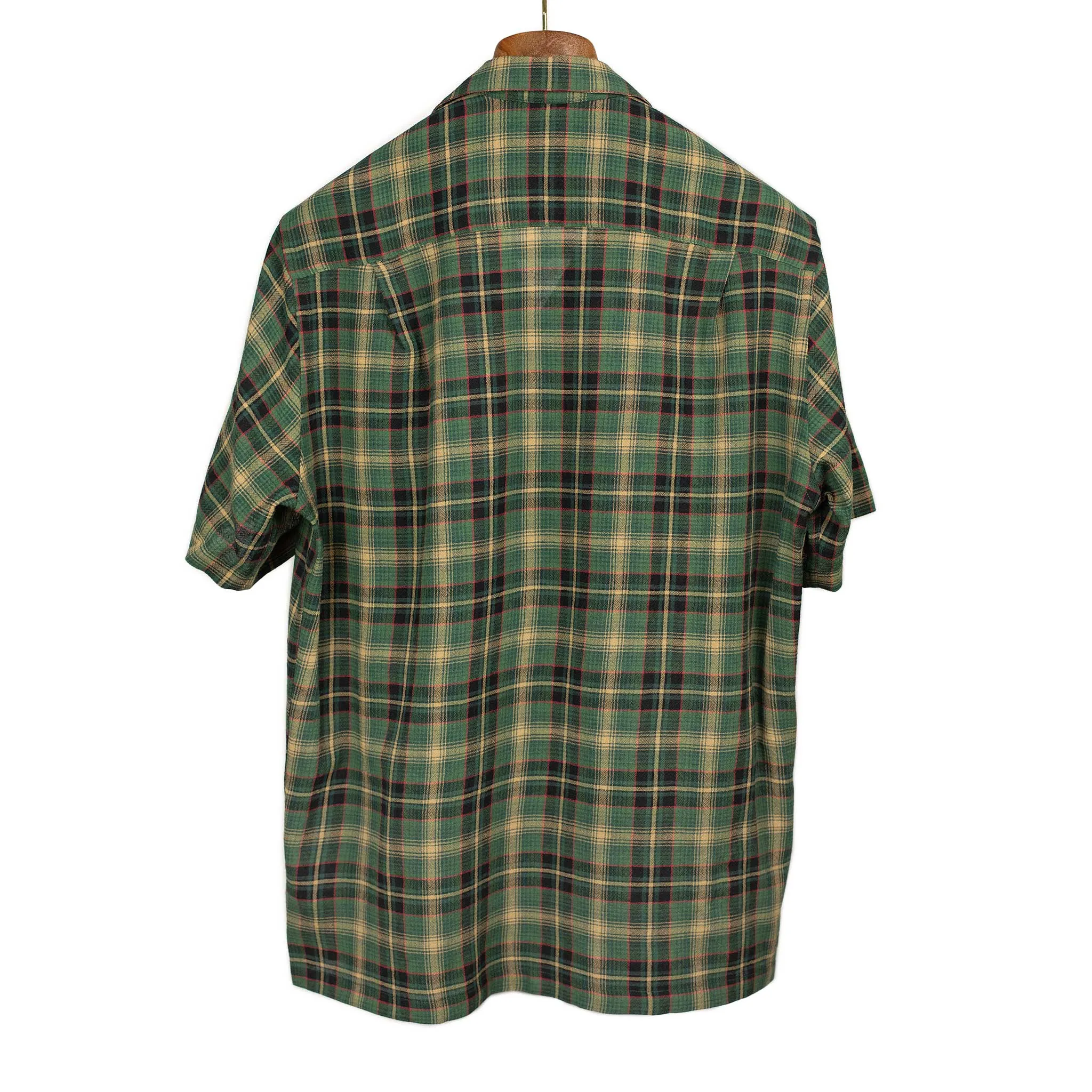 Flan camp collar shirt in green, beige, and red tartan viscose/wool
