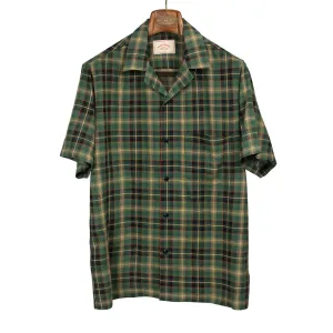 Flan camp collar shirt in green, beige, and red tartan viscose/wool