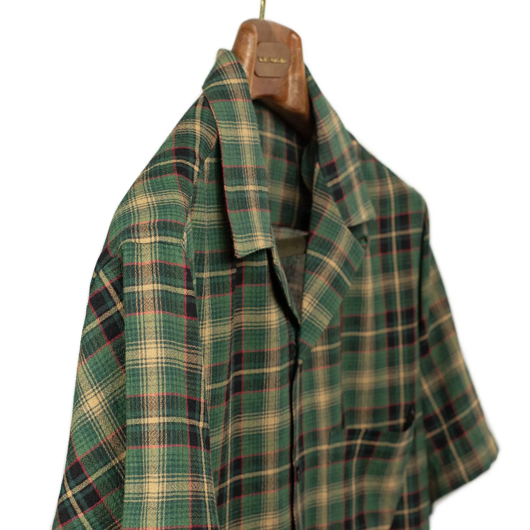 Flan camp collar shirt in green, beige, and red tartan viscose/wool