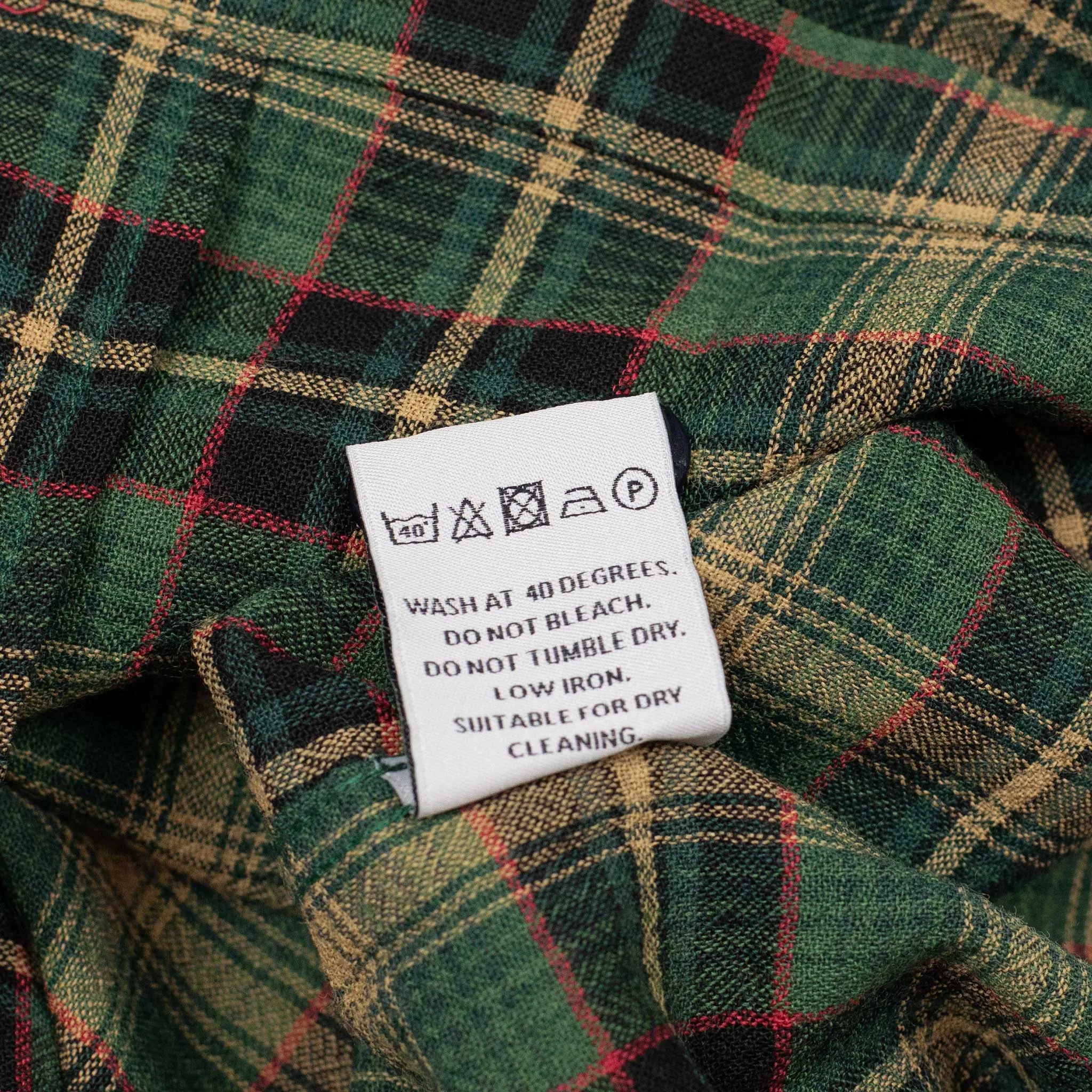 Flan camp collar shirt in green, beige, and red tartan viscose/wool