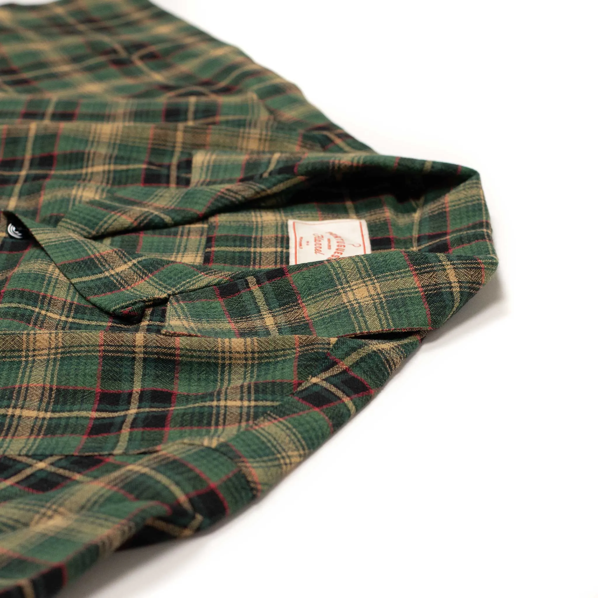 Flan camp collar shirt in green, beige, and red tartan viscose/wool