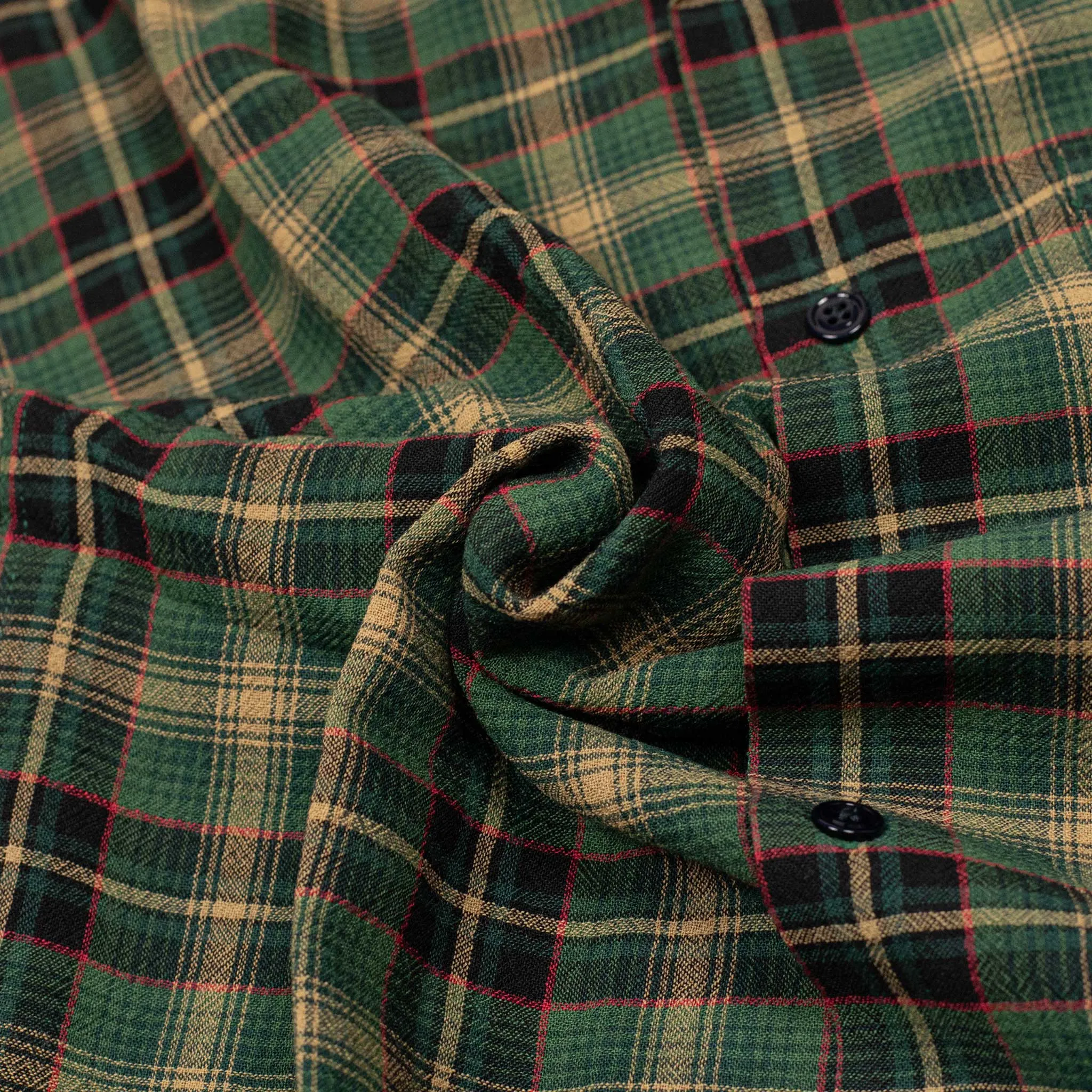 Flan camp collar shirt in green, beige, and red tartan viscose/wool