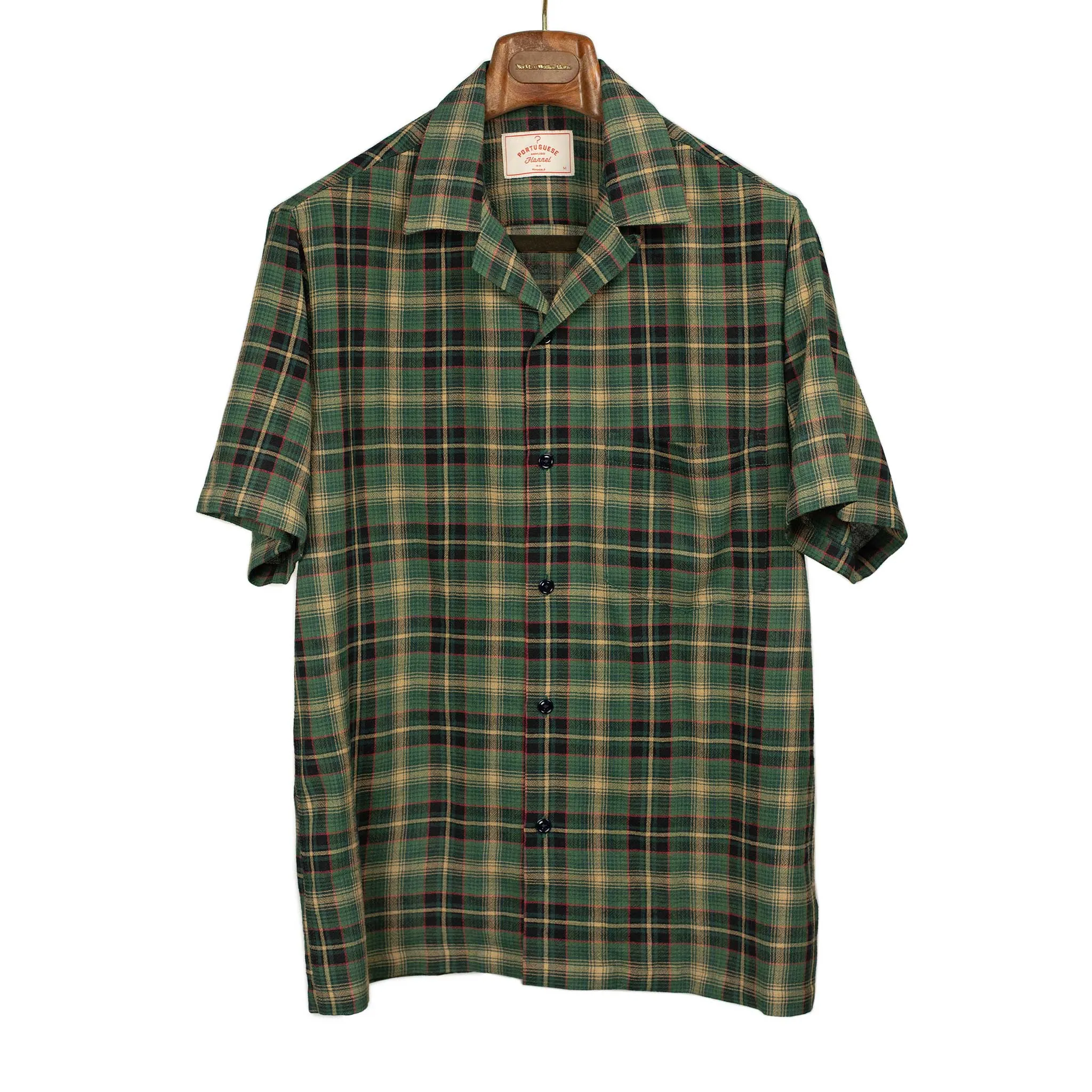 Flan camp collar shirt in green, beige, and red tartan viscose/wool