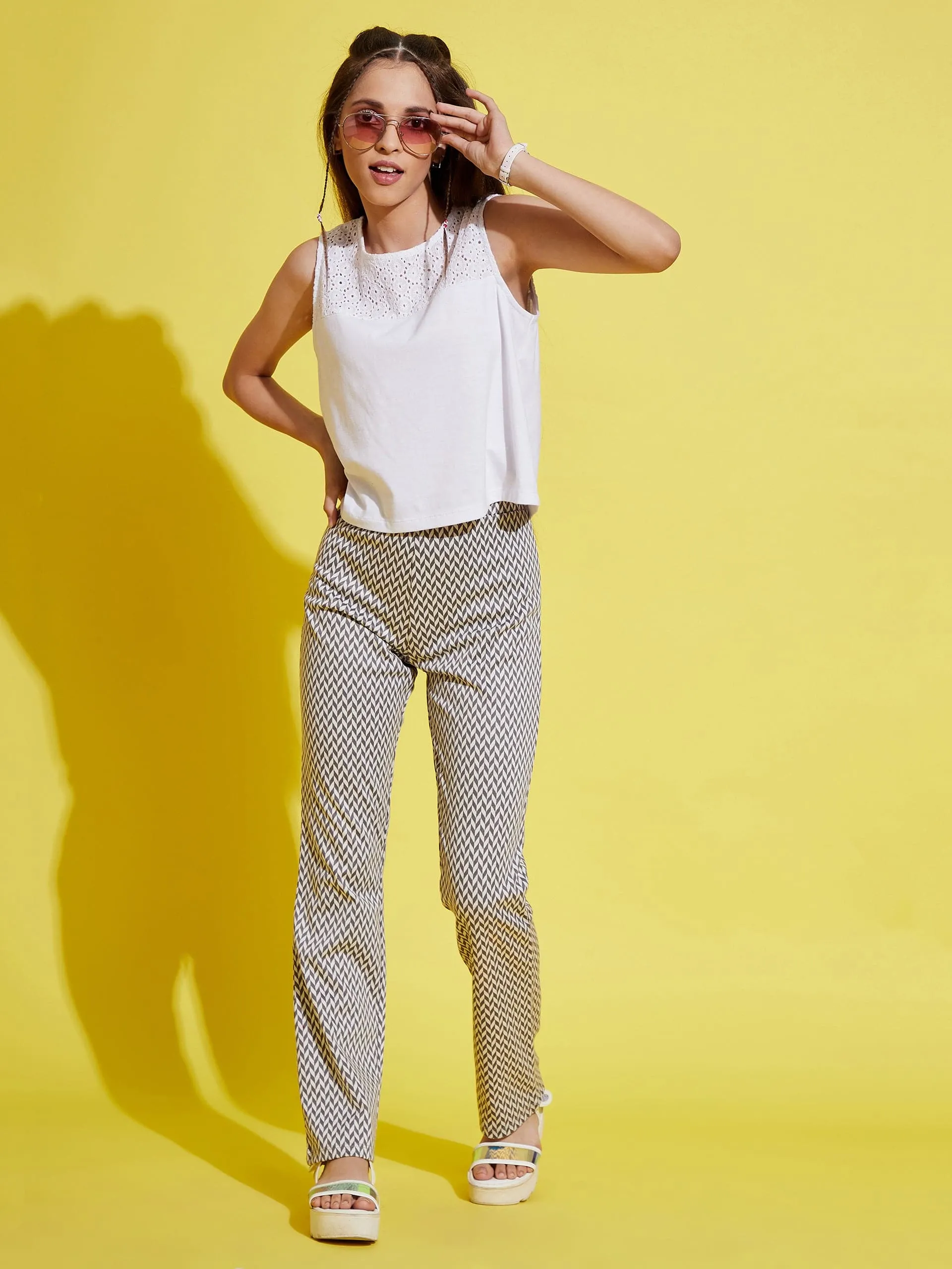 Girls White & Grey Herringbone Boot Leg Pants - Lyush Kids