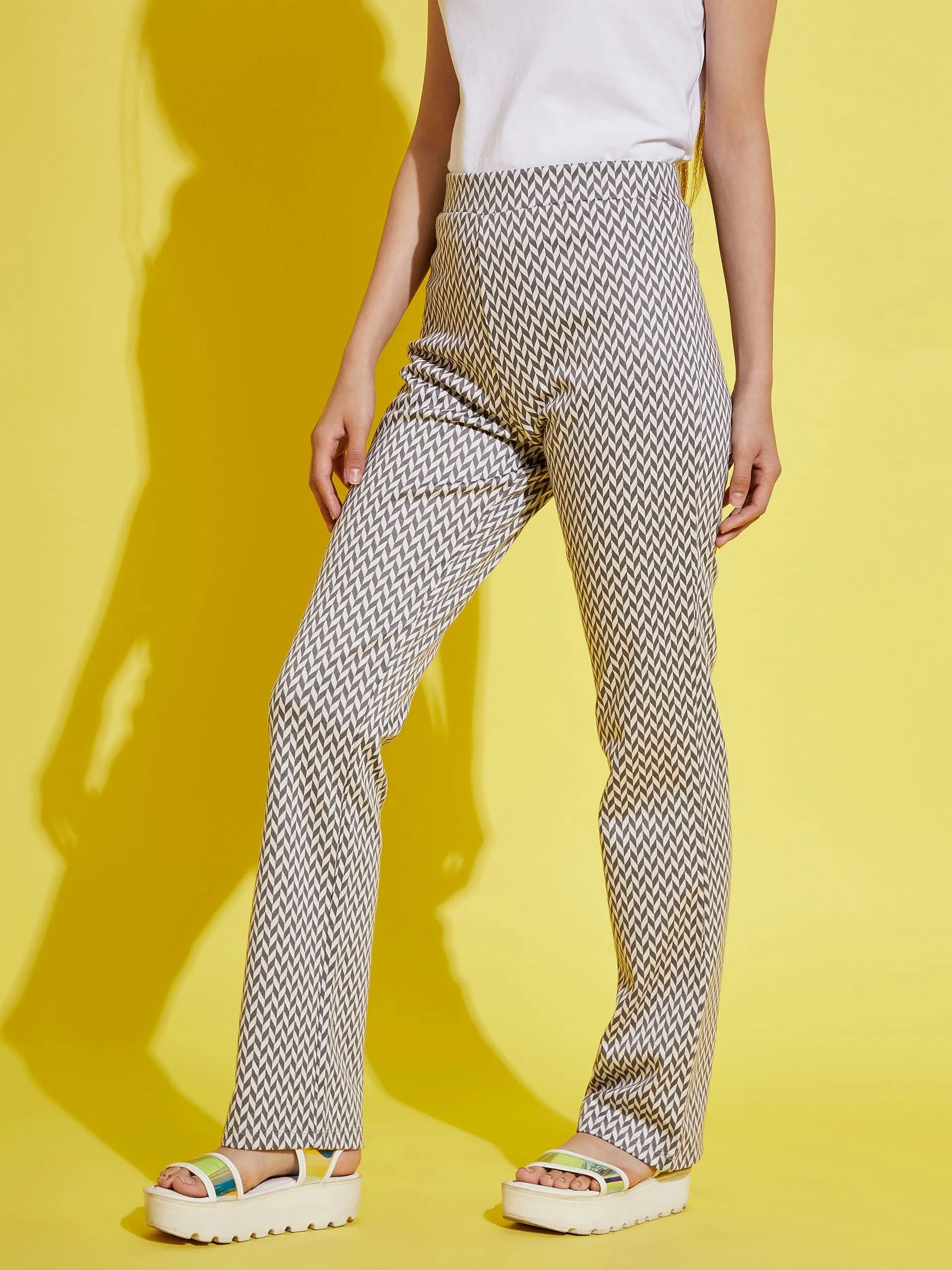 Girls White & Grey Herringbone Boot Leg Pants - Lyush Kids