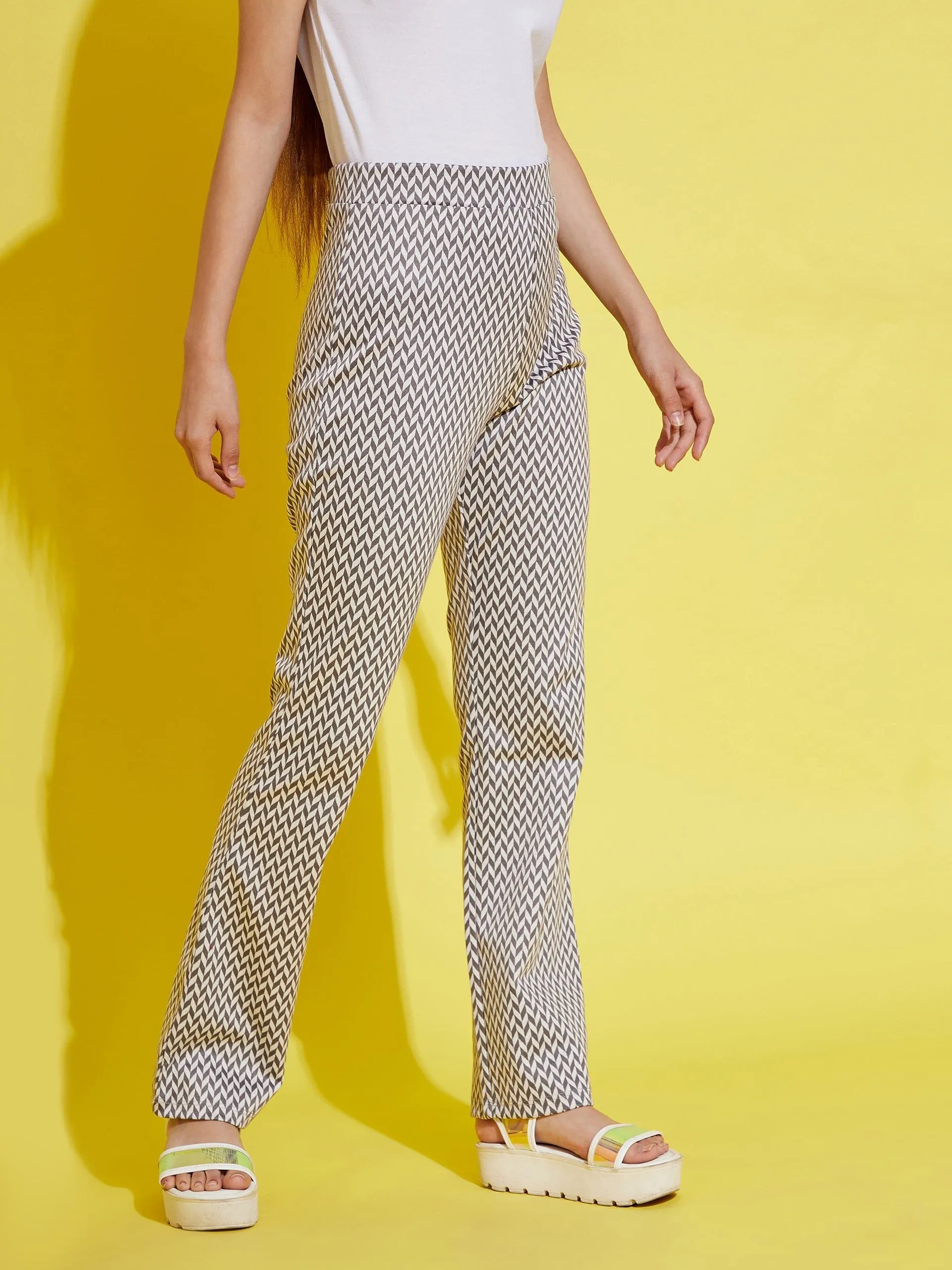 Girls White & Grey Herringbone Boot Leg Pants - Lyush Kids
