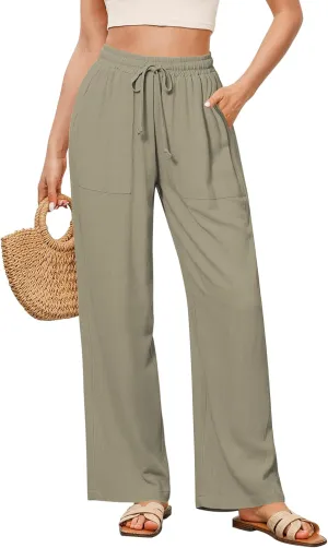 GRAPENT Linen Pants for Women Wide Leg High Waisted Baggy Drawstring Elastic Waist Palazzo Trousers Pants with Pockets