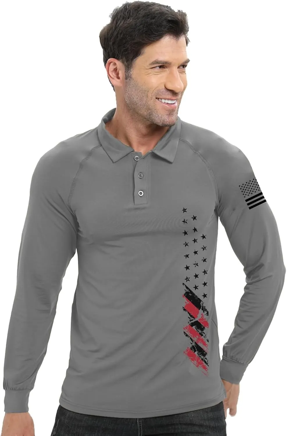 H HYFOL Long Sleeve Polo Shirts for Men Graphic Stretch Casual American Patriotic Raglan Golf Polos for Men