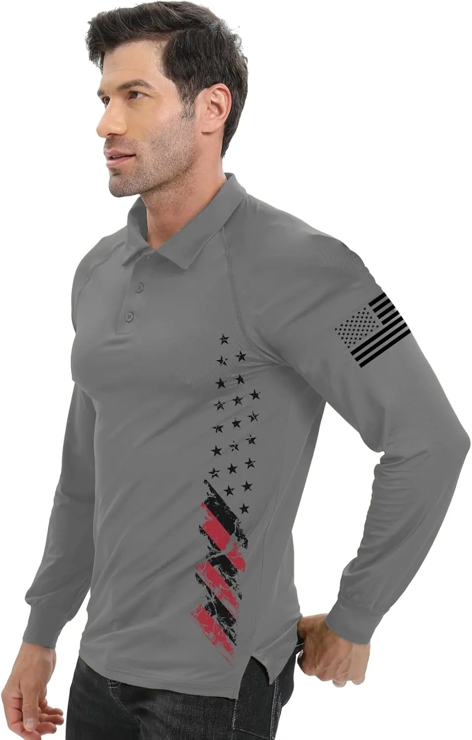 H HYFOL Long Sleeve Polo Shirts for Men Graphic Stretch Casual American Patriotic Raglan Golf Polos for Men