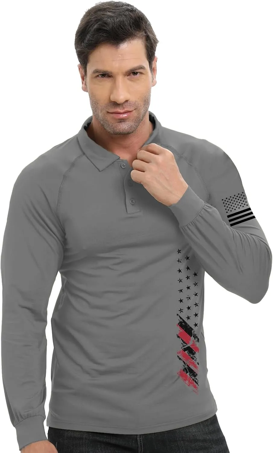 H HYFOL Long Sleeve Polo Shirts for Men Graphic Stretch Casual American Patriotic Raglan Golf Polos for Men