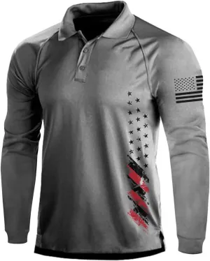 H HYFOL Long Sleeve Polo Shirts for Men Graphic Stretch Casual American Patriotic Raglan Golf Polos for Men