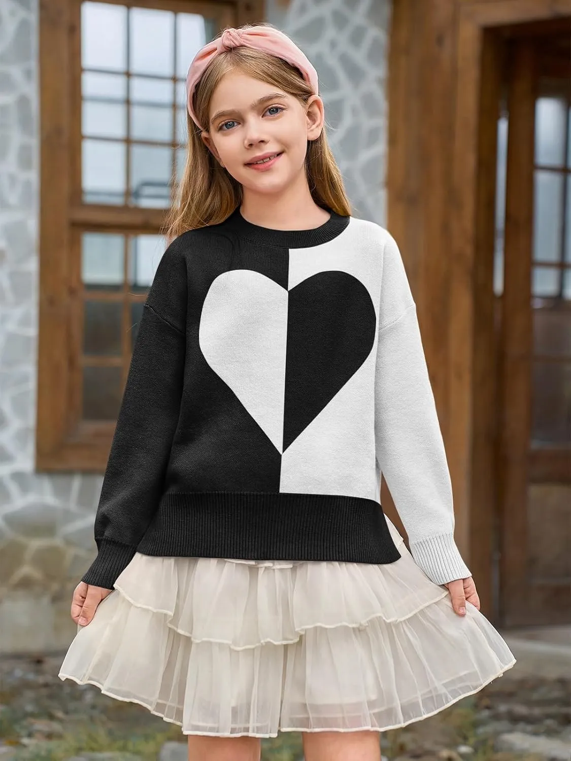 Haloumoning Girls Heart Sweater Kids Cute Color Block Knit Sweaters 7-14 Years