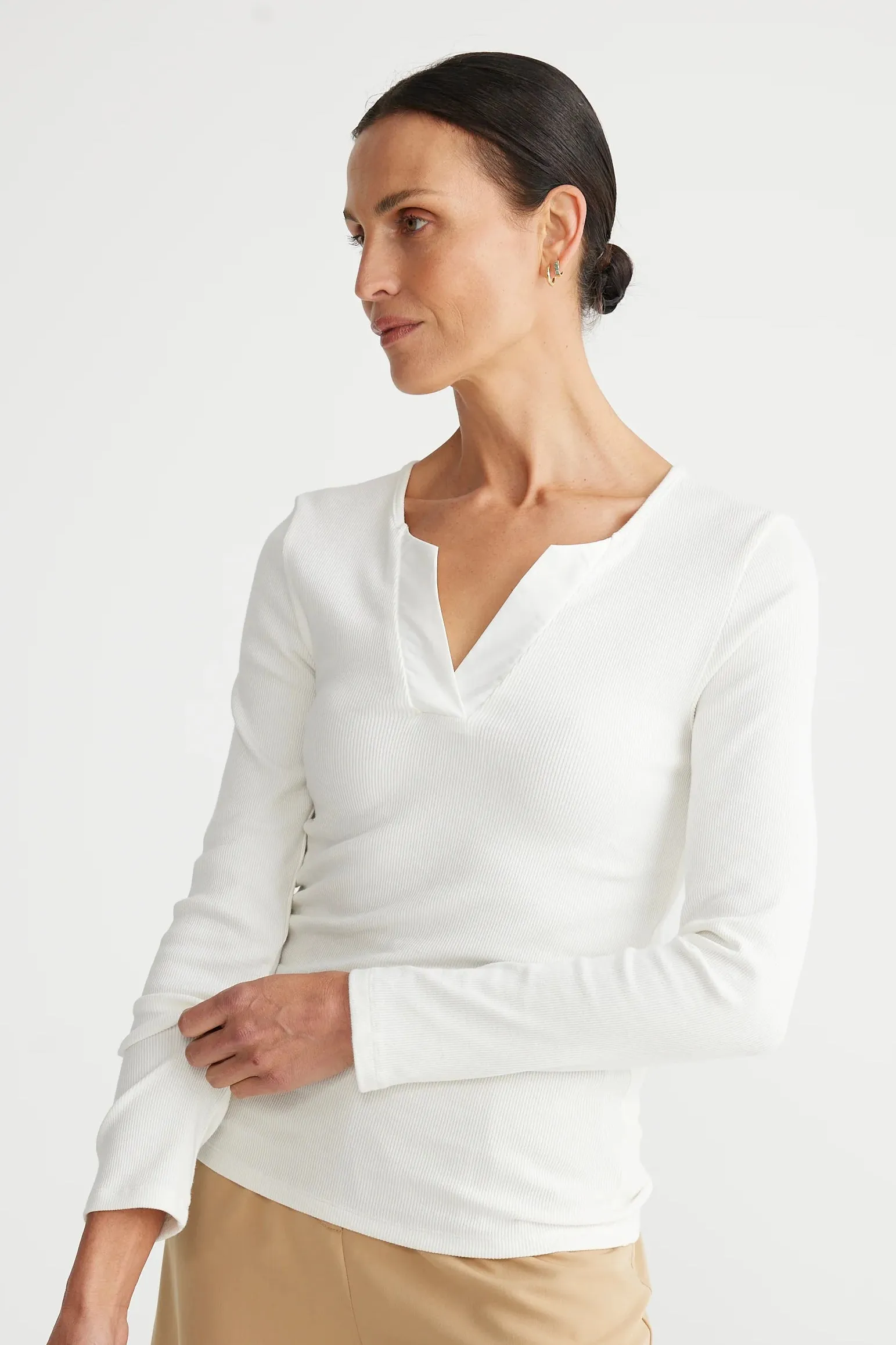 Henley Long Sleeve Top in White