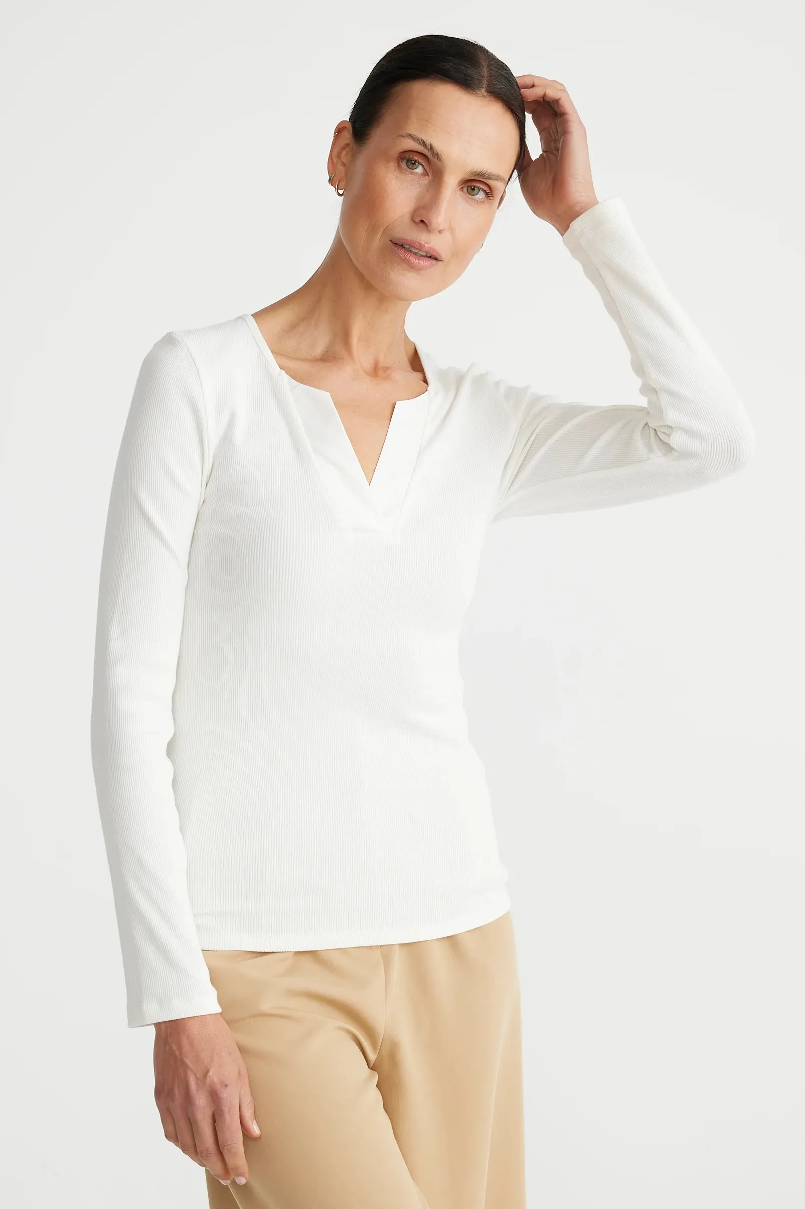 Henley Long Sleeve Top in White