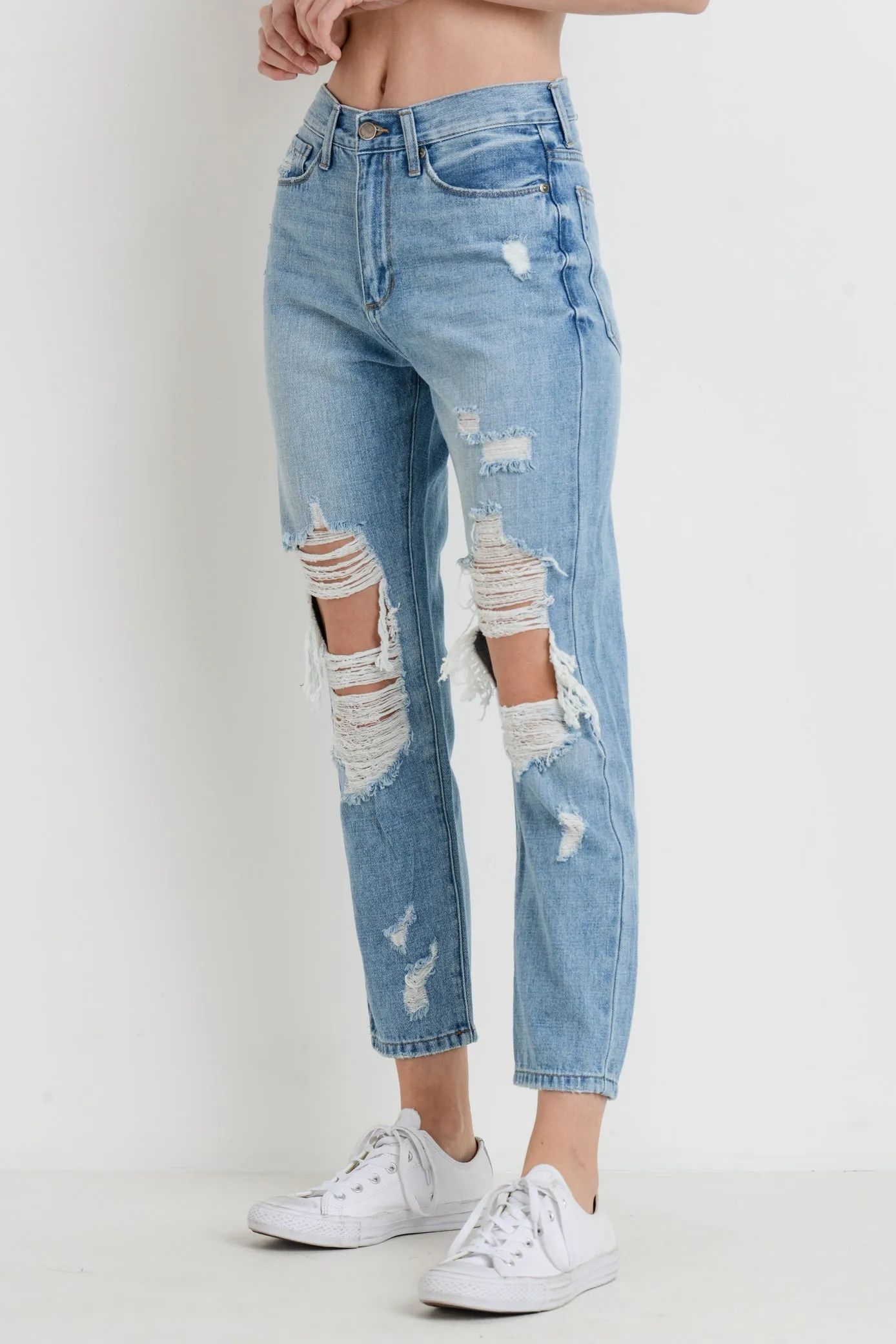 High Rise Super Distressed Girlfriend Jeans