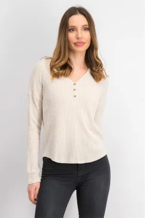 Hippie Rose Juniors' Henley Waffle Knit Top Brown Size Medium