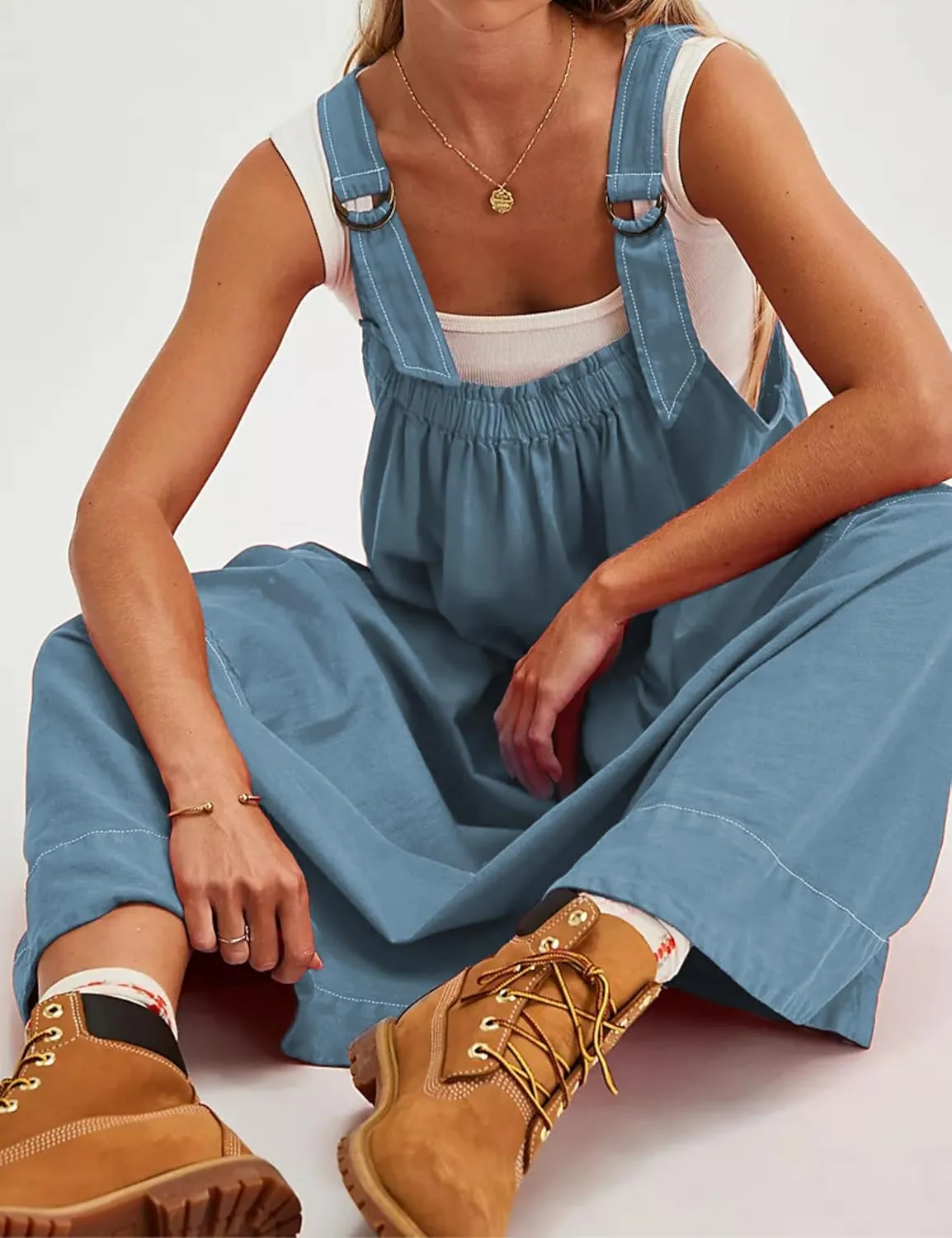 Hooever Barrel Overall Dress for Women Loose Adjutable Strap Big Pockets Jumper Dress Midi Bib Overall