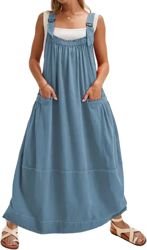 Hooever Barrel Overall Dress for Women Loose Adjutable Strap Big Pockets Jumper Dress Midi Bib Overall