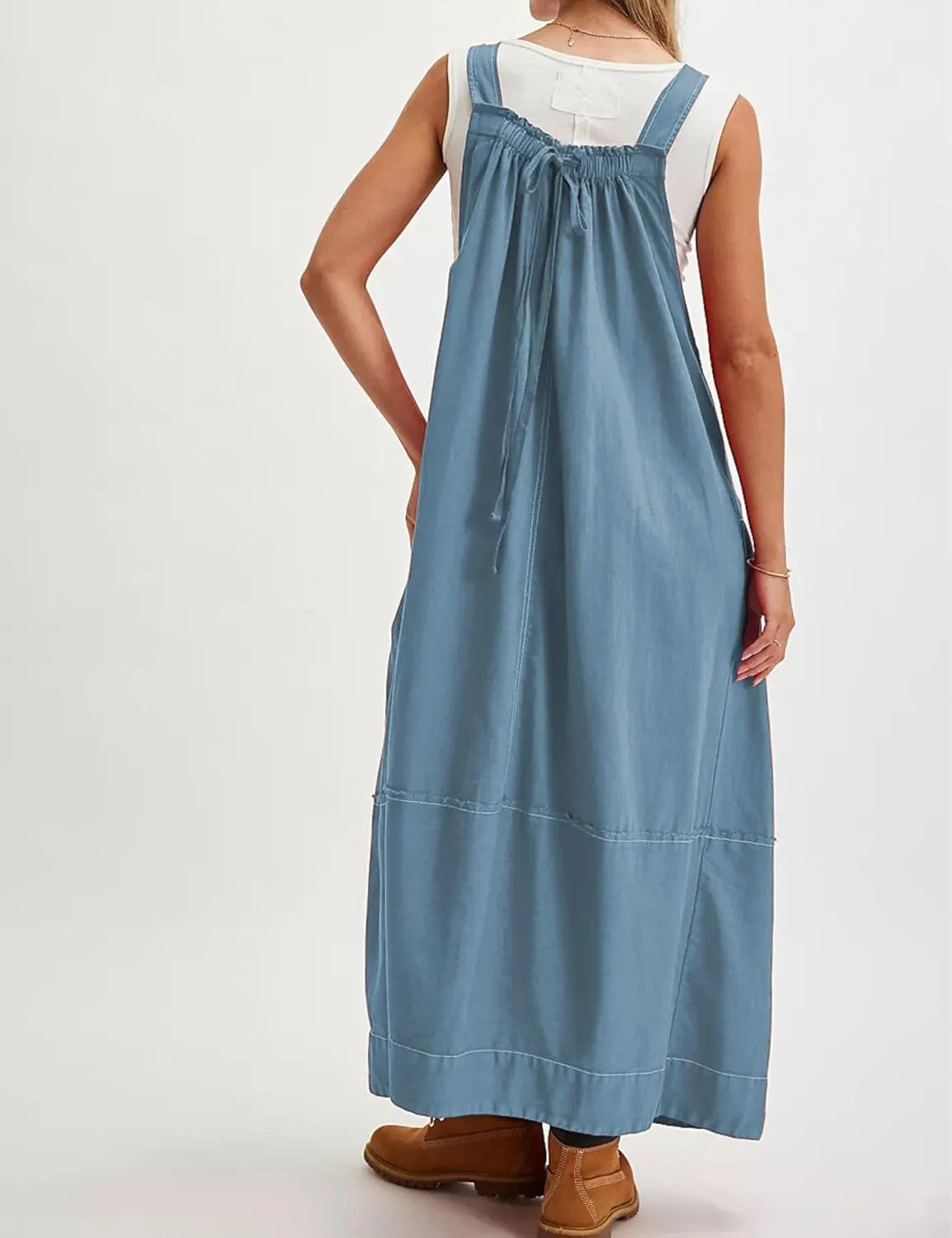 Hooever Barrel Overall Dress for Women Loose Adjutable Strap Big Pockets Jumper Dress Midi Bib Overall