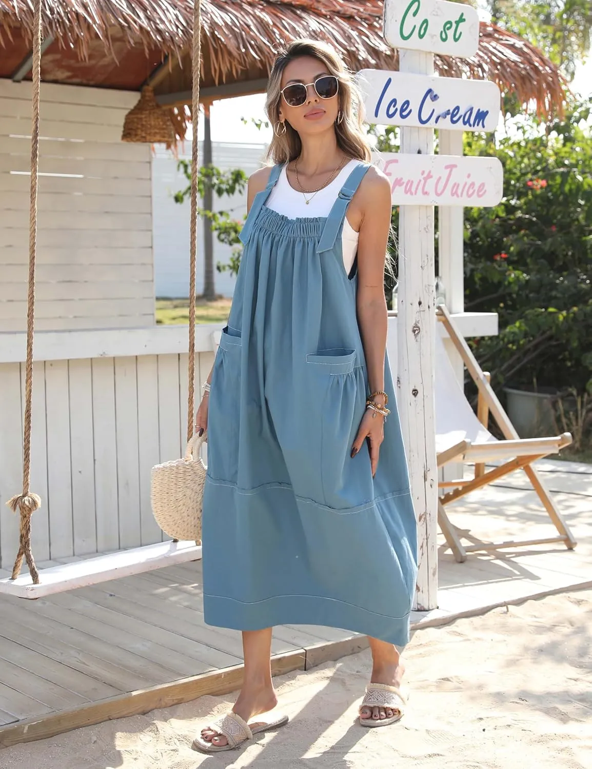 Hooever Barrel Overall Dress for Women Loose Adjutable Strap Big Pockets Jumper Dress Midi Bib Overall
