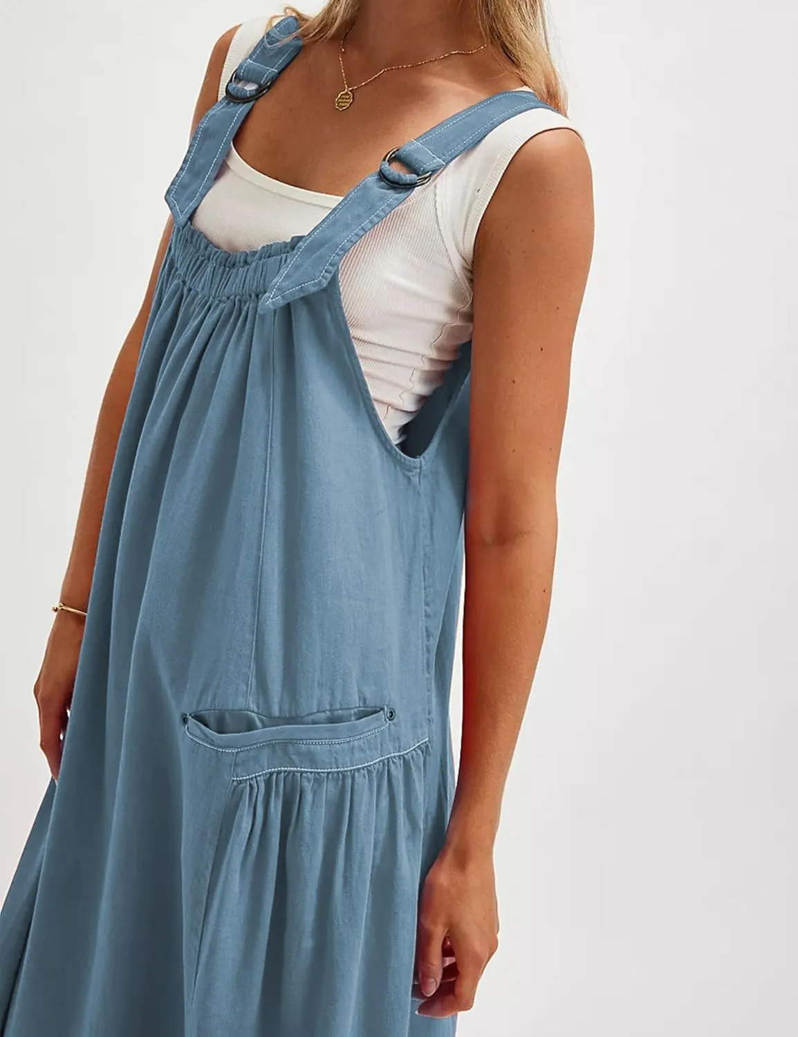 Hooever Barrel Overall Dress for Women Loose Adjutable Strap Big Pockets Jumper Dress Midi Bib Overall