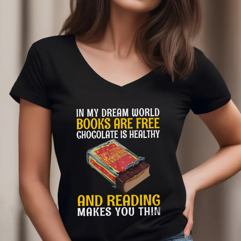 In My Dream World Books Are Free Chocolate Is Healthy And Reading Makes You Thin Book Lovers Gift Women's V-neck T-shirt TSVB384