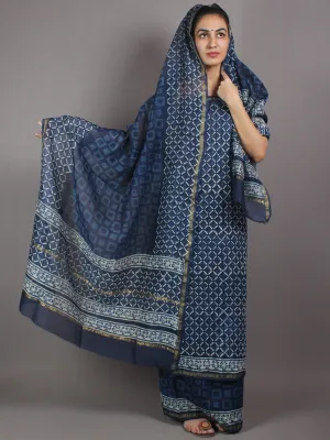 Indigo White Hand Block Printed Chanderi Kurta-Salwar Fabric With Chanderi Dupatta - S1628029