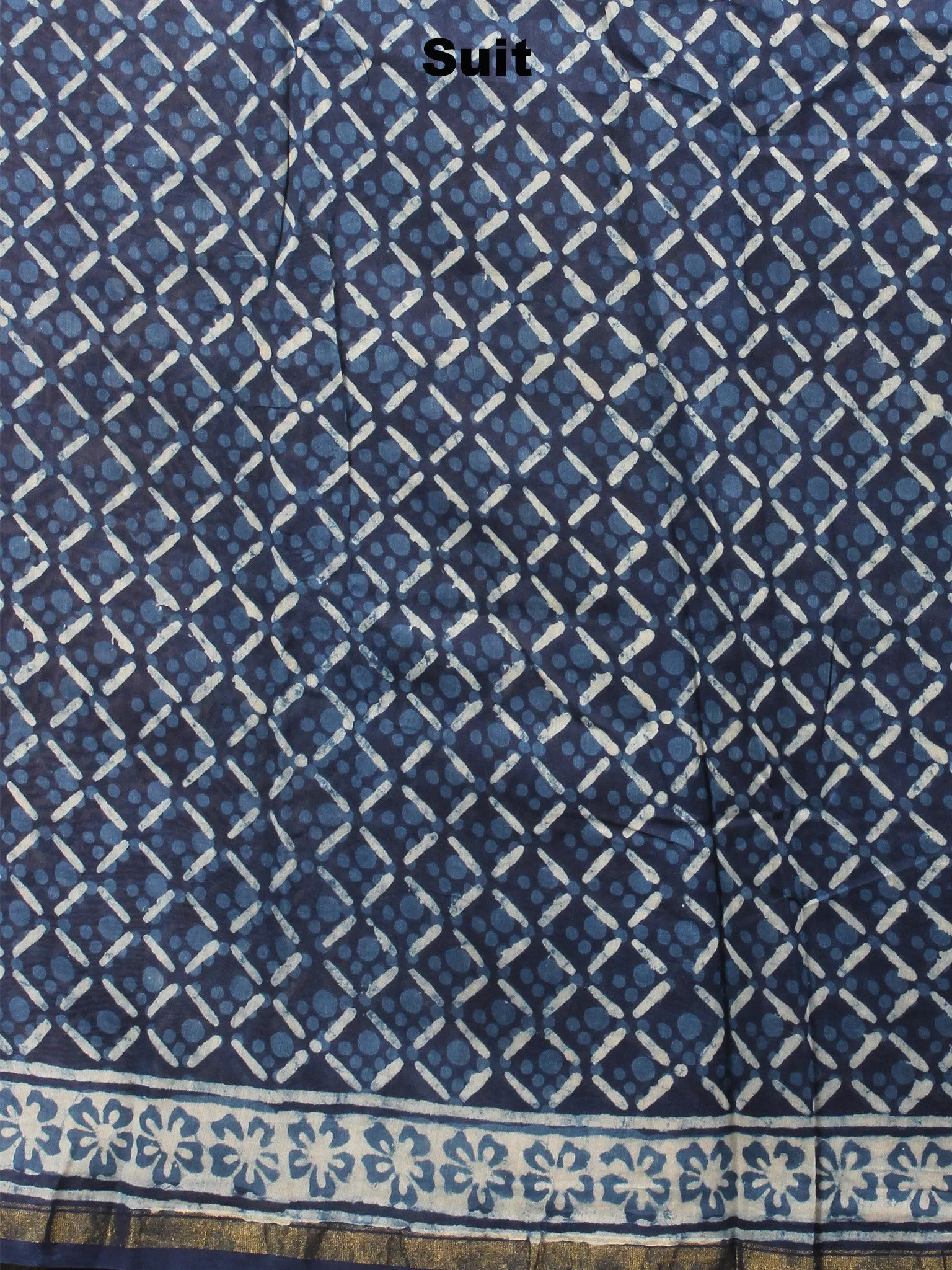 Indigo White Hand Block Printed Chanderi Kurta-Salwar Fabric With Chanderi Dupatta - S1628029
