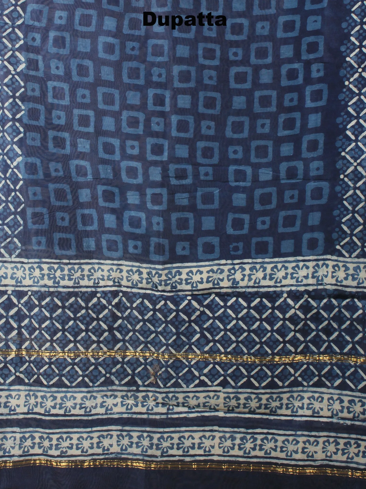 Indigo White Hand Block Printed Chanderi Kurta-Salwar Fabric With Chanderi Dupatta - S1628029