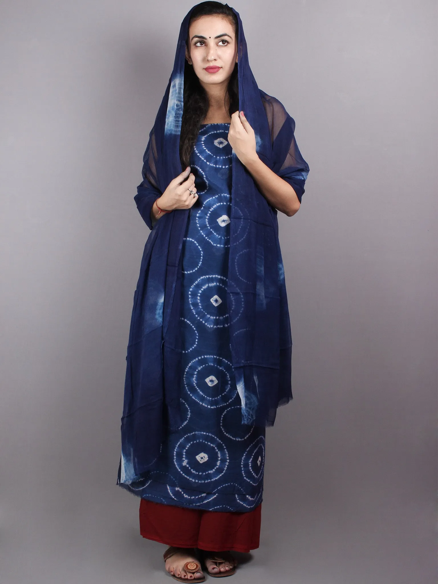 Indigo White Hand Block Printed Chanderi Unstitched Kurta & Shiffon Dupatta With Maroon Cotton Salwar - S1628013
