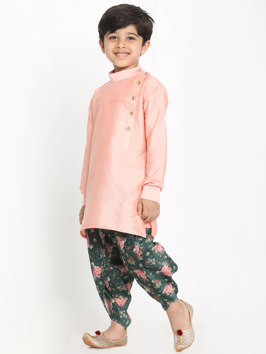 Jashvi Boy's Rose Pink Angrakha Kurta Floral Printed Dhoti Set