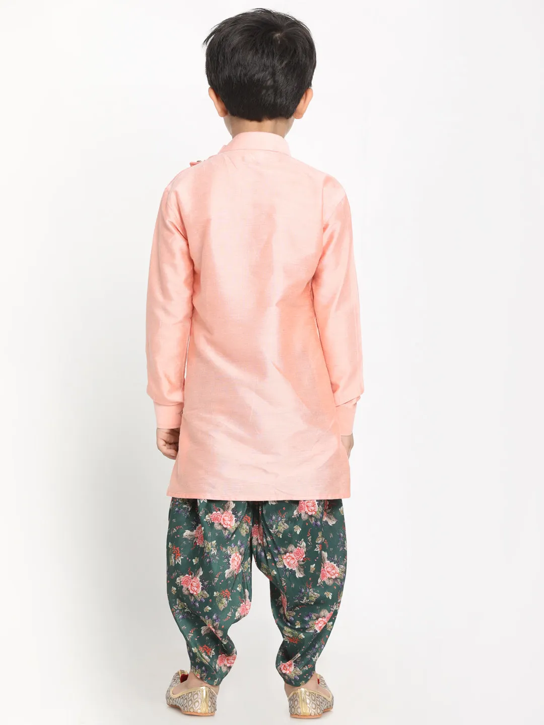Jashvi Boy's Rose Pink Angrakha Kurta Floral Printed Dhoti Set