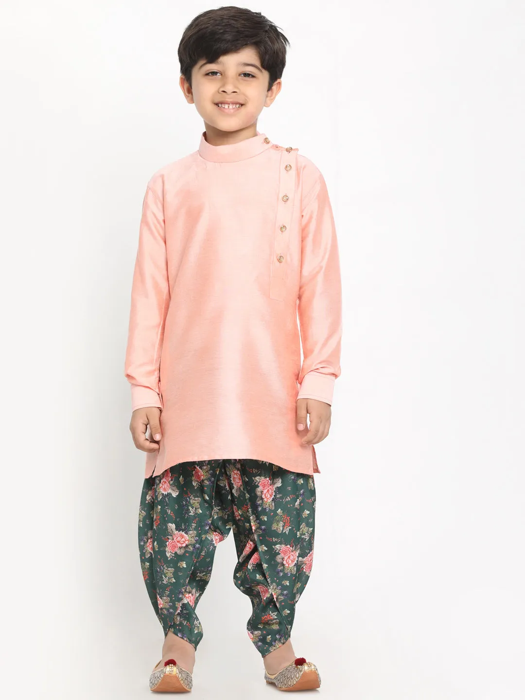 Jashvi Boy's Rose Pink Angrakha Kurta Floral Printed Dhoti Set