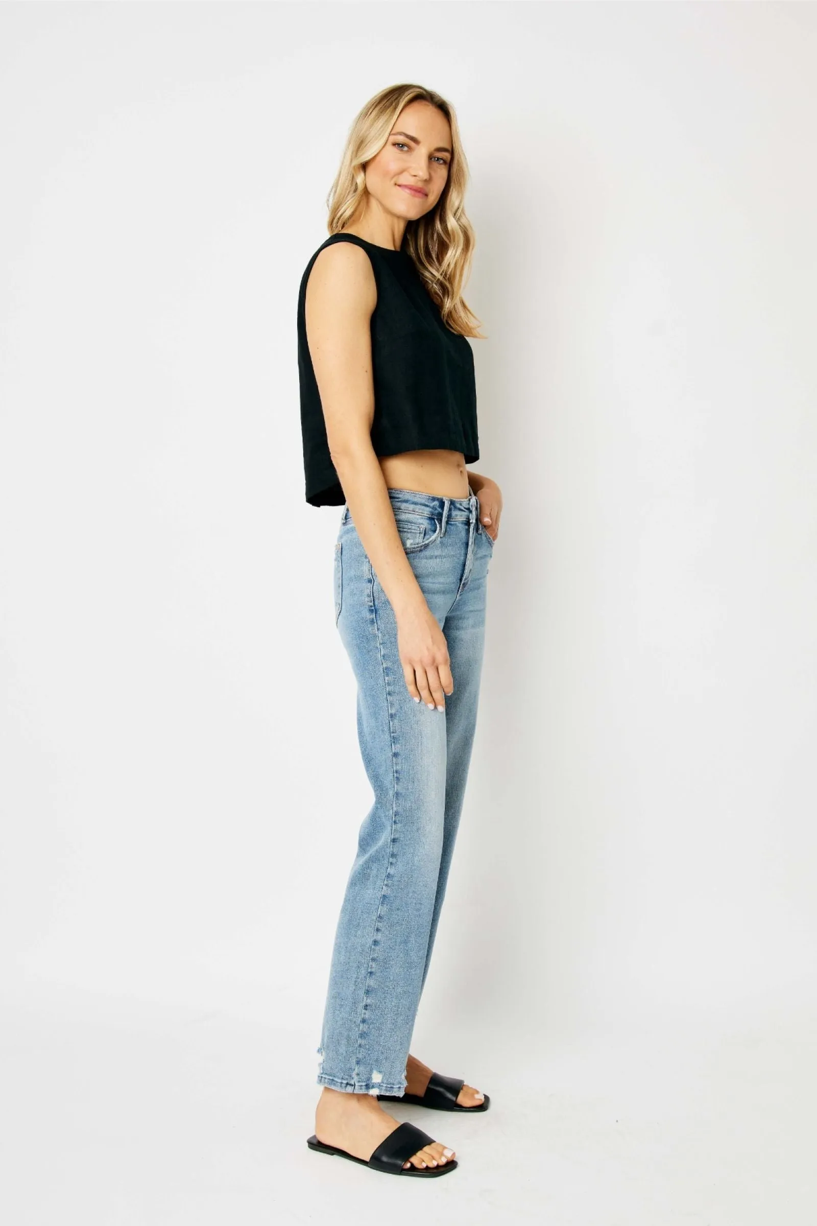 Judy Blue Mid Rise Medium Wash Destroy Straight Denim 88656