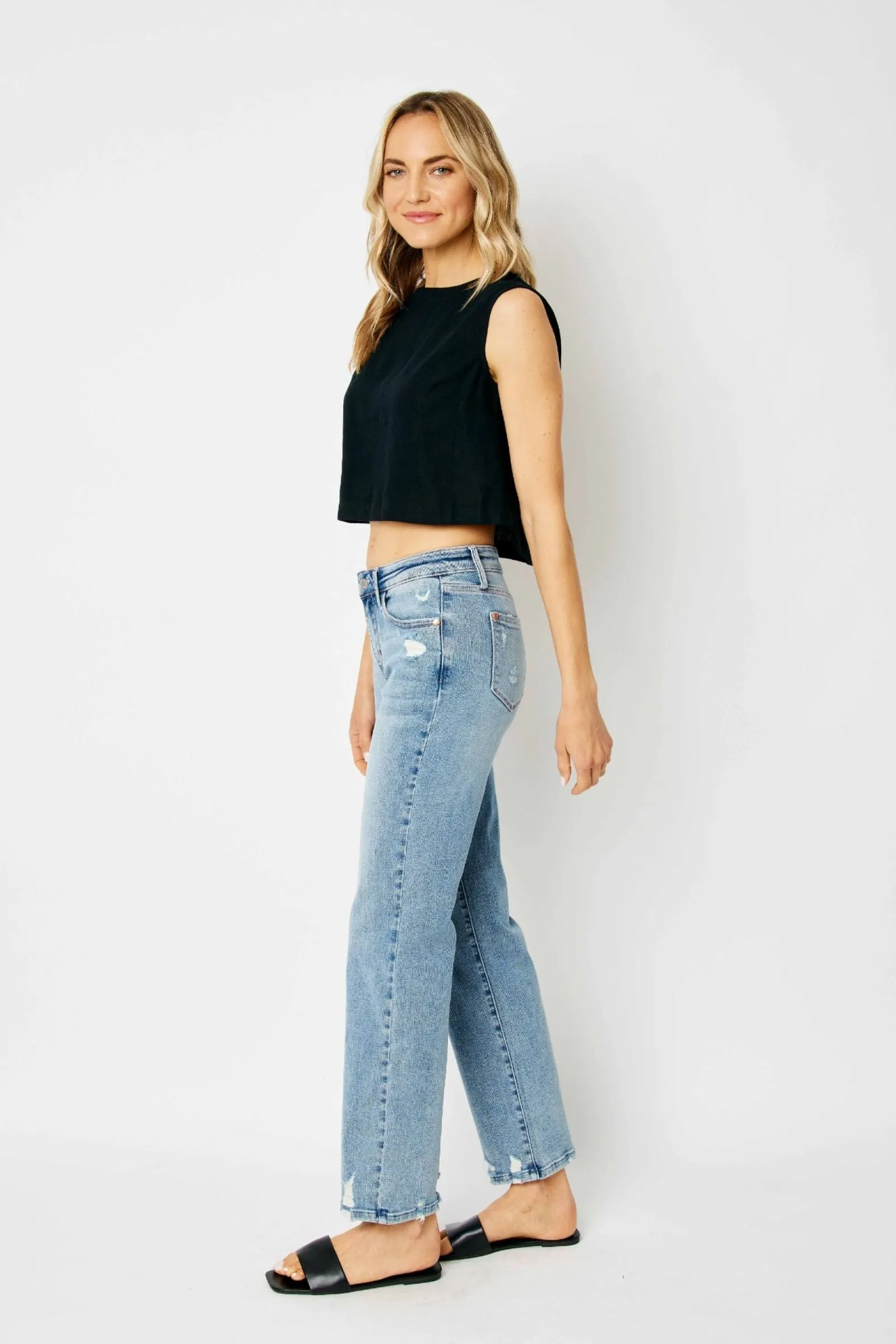 Judy Blue Mid Rise Medium Wash Destroy Straight Denim 88656