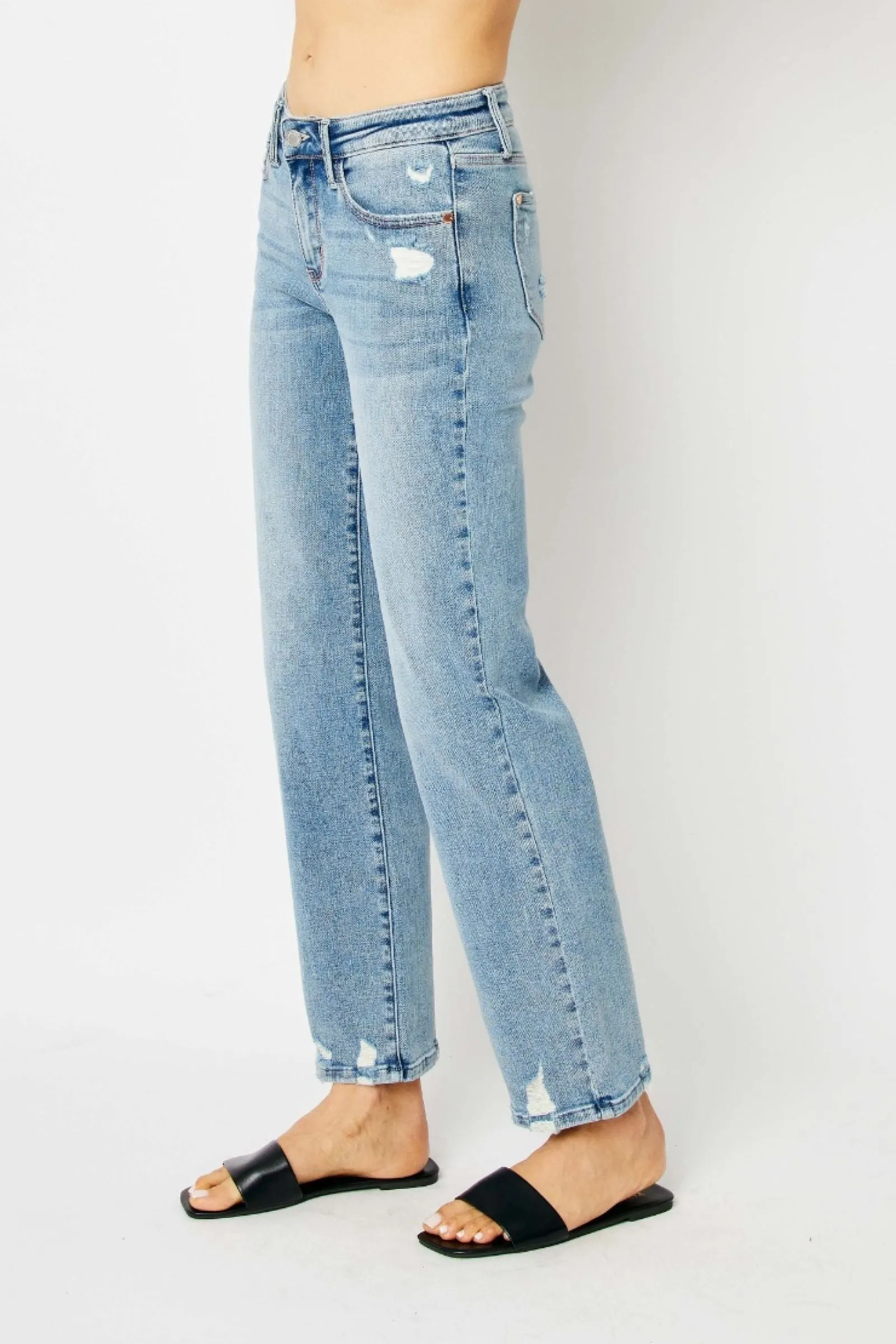 Judy Blue Mid Rise Medium Wash Destroy Straight Denim 88656