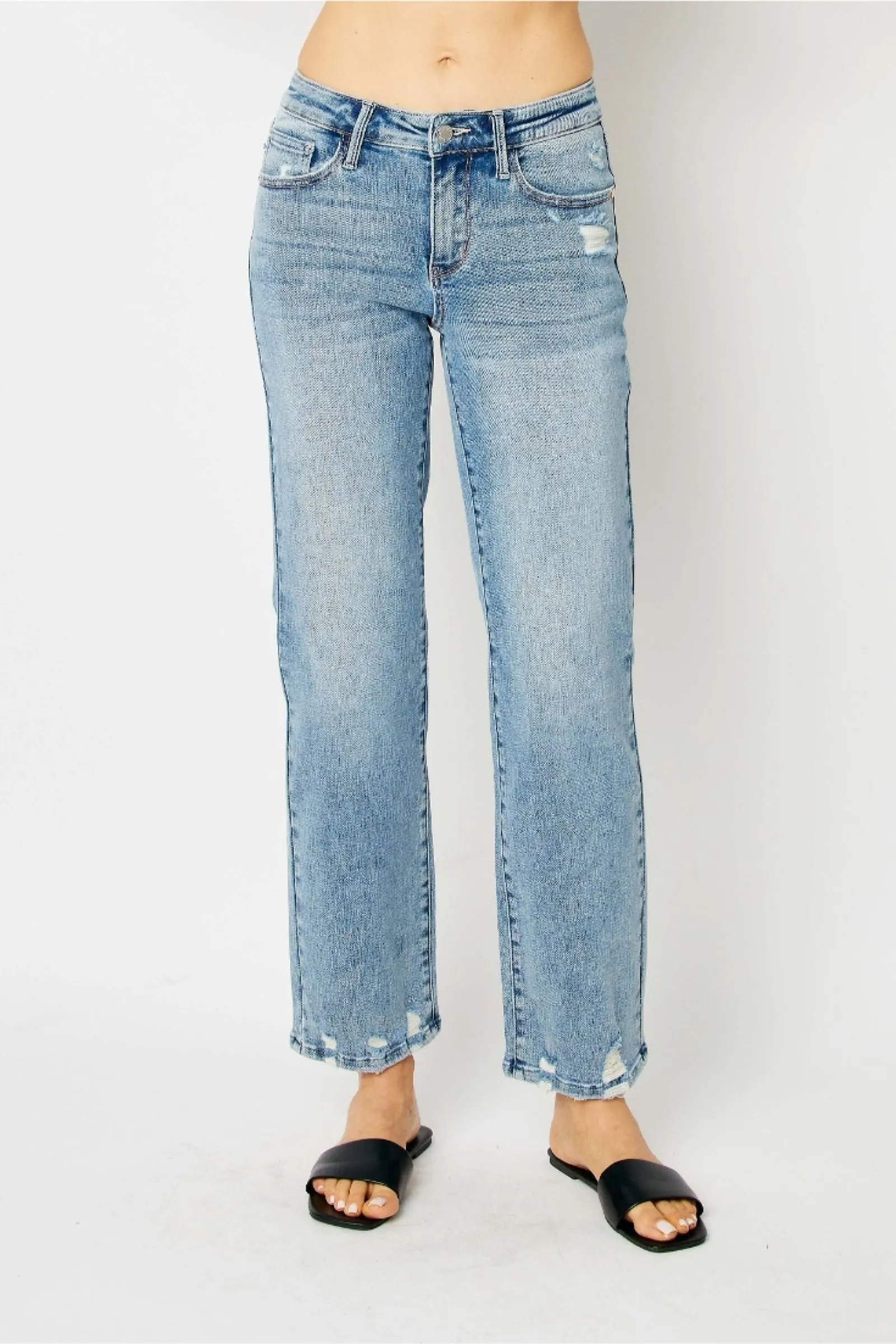 Judy Blue Mid Rise Medium Wash Destroy Straight Denim 88656