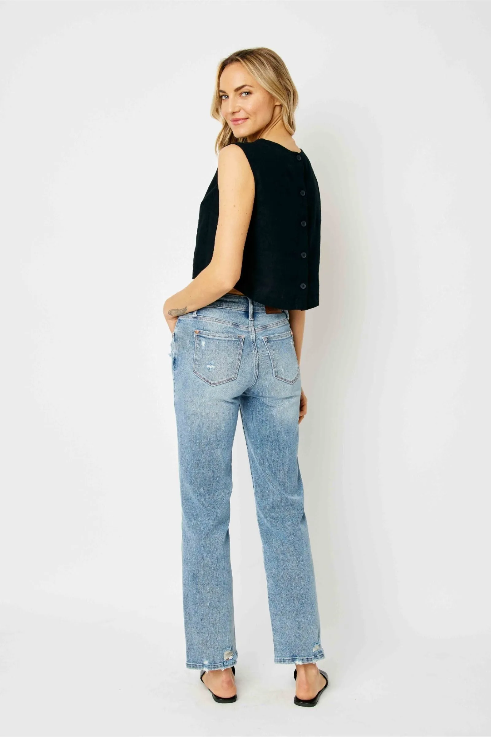 Judy Blue Mid Rise Medium Wash Destroy Straight Denim 88656