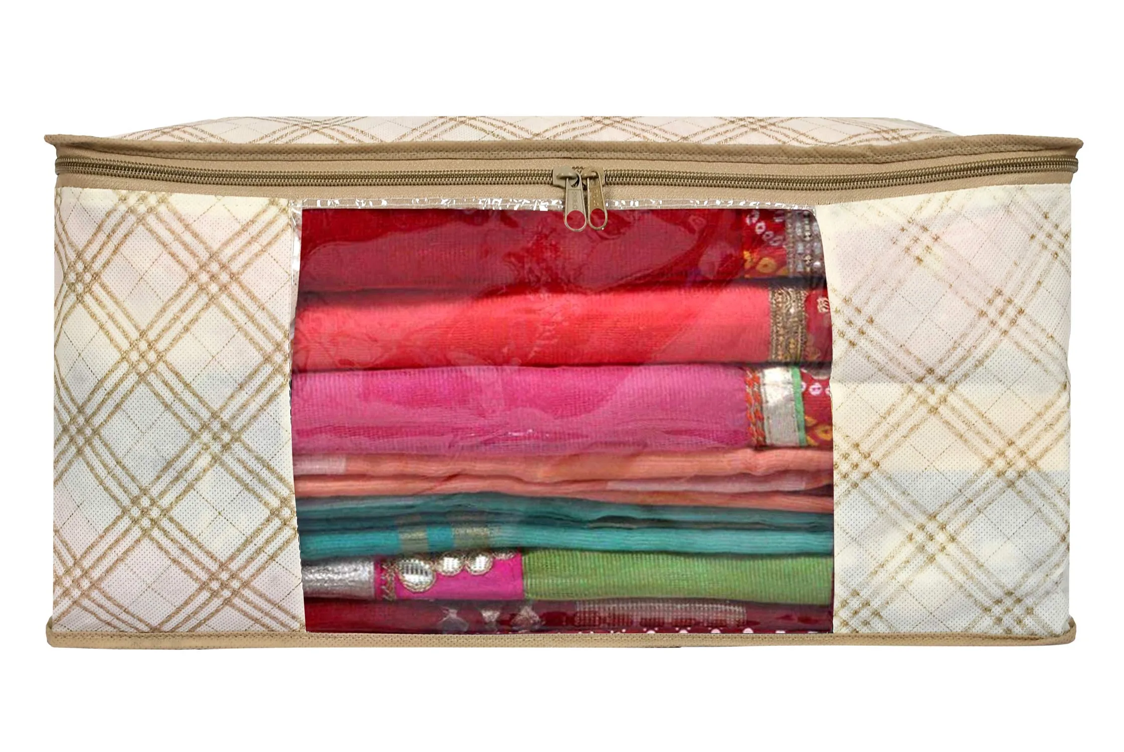 Kuber Industries Metalic Checkered Print Non Woven Saree Cover And Underbed Storage Bag, Storage Organiser, Blanket Cover (Set of 2,Ivory)-KUBMART16668