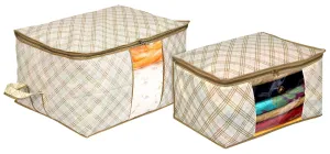 Kuber Industries Metalic Checkered Print Non Woven Saree Cover And Underbed Storage Bag, Storage Organiser, Blanket Cover (Set of 2,Ivory)-KUBMART16668