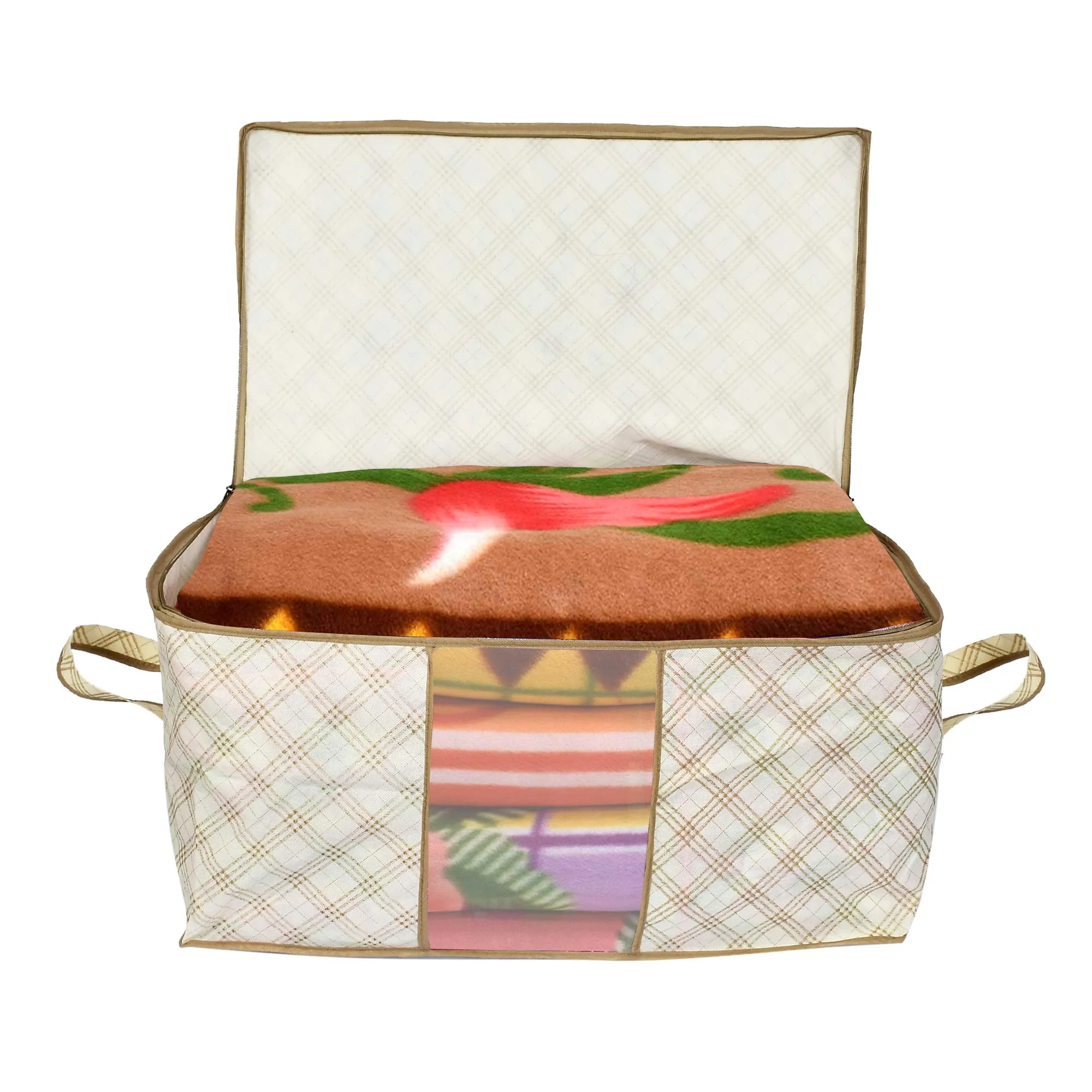 Kuber Industries Metalic Checkered Print Non Woven Saree Cover And Underbed Storage Bag, Storage Organiser, Blanket Cover (Set of 2,Ivory)-KUBMART16668