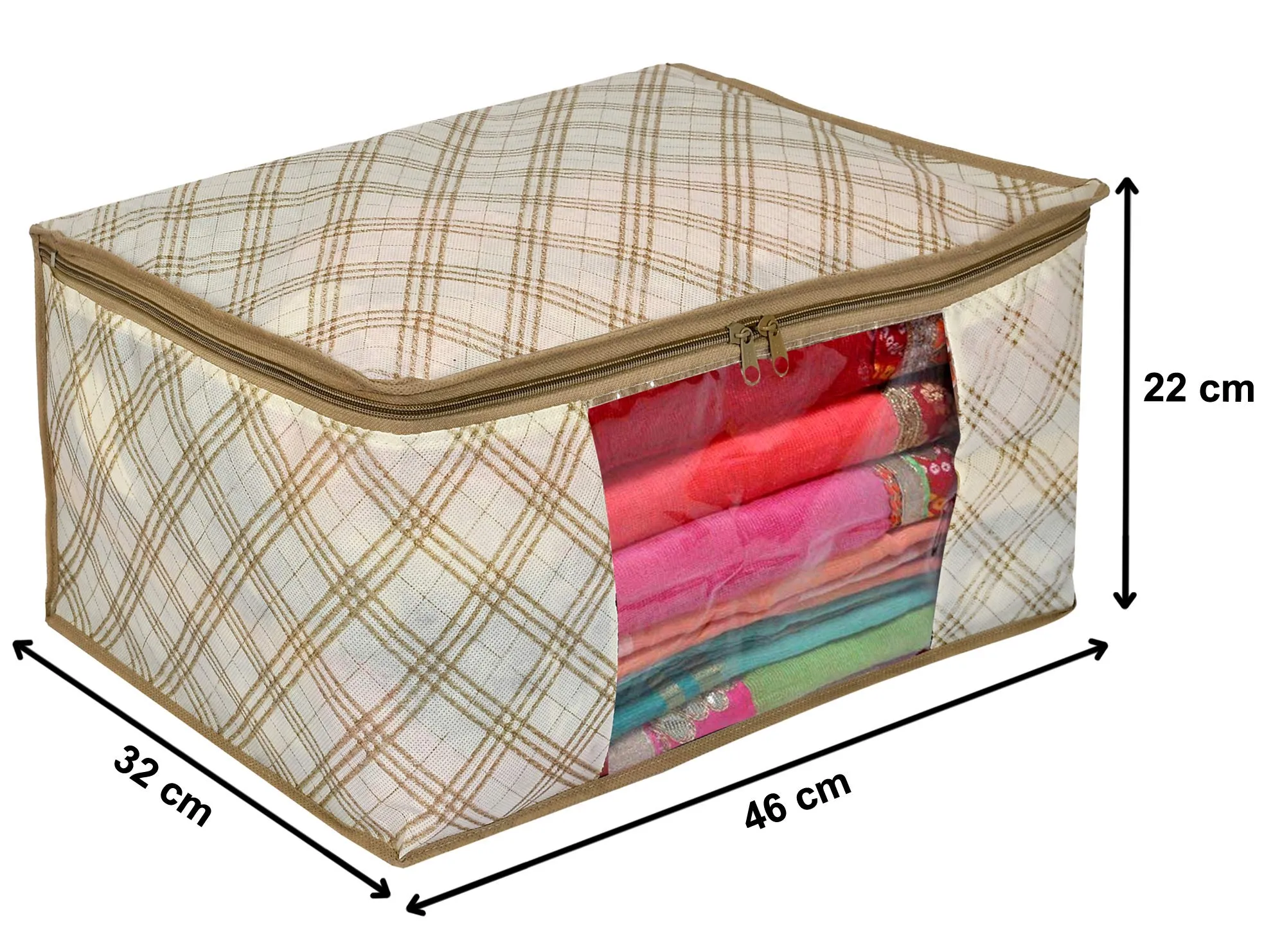 Kuber Industries Metalic Checkered Print Non Woven Saree Cover And Underbed Storage Bag, Storage Organiser, Blanket Cover (Set of 2,Ivory)-KUBMART16668