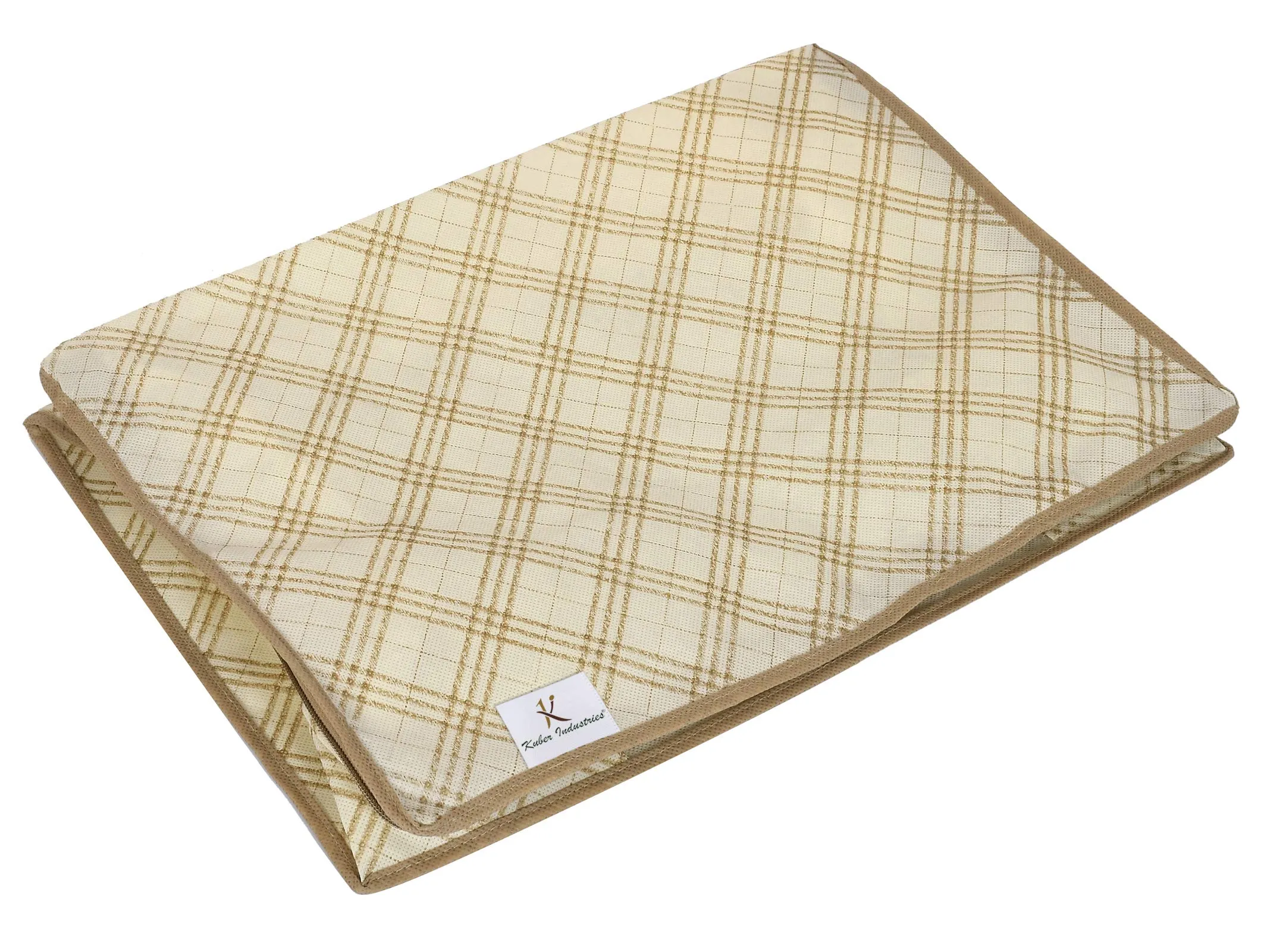 Kuber Industries Metalic Checkered Print Non Woven Saree Cover And Underbed Storage Bag, Storage Organiser, Blanket Cover (Set of 2,Ivory)-KUBMART16668