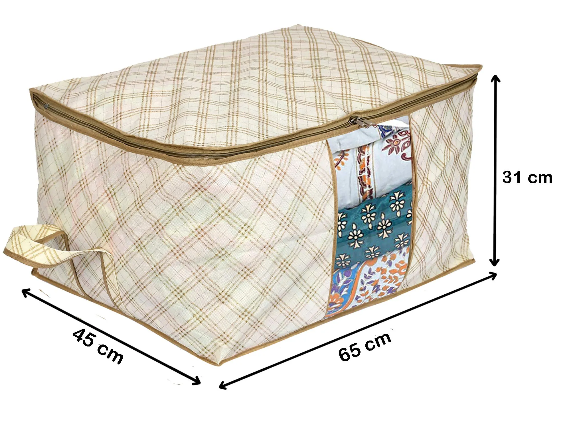 Kuber Industries Metalic Checkered Print Non Woven Saree Cover And Underbed Storage Bag, Storage Organiser, Blanket Cover (Set of 2,Ivory)-KUBMART16668
