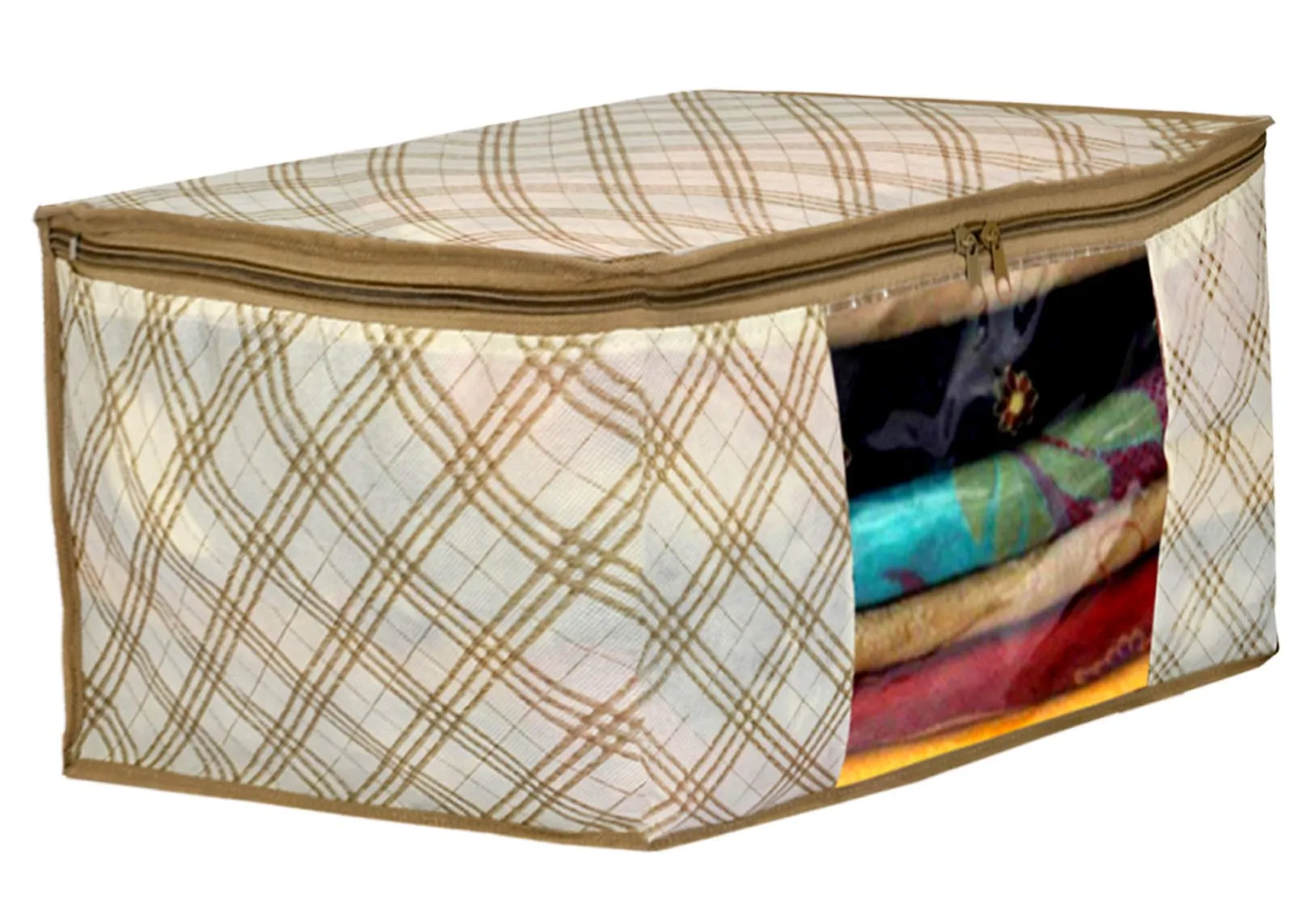 Kuber Industries Metalic Checkered Print Non Woven Saree Cover And Underbed Storage Bag, Storage Organiser, Blanket Cover (Set of 2,Ivory)-KUBMART16668