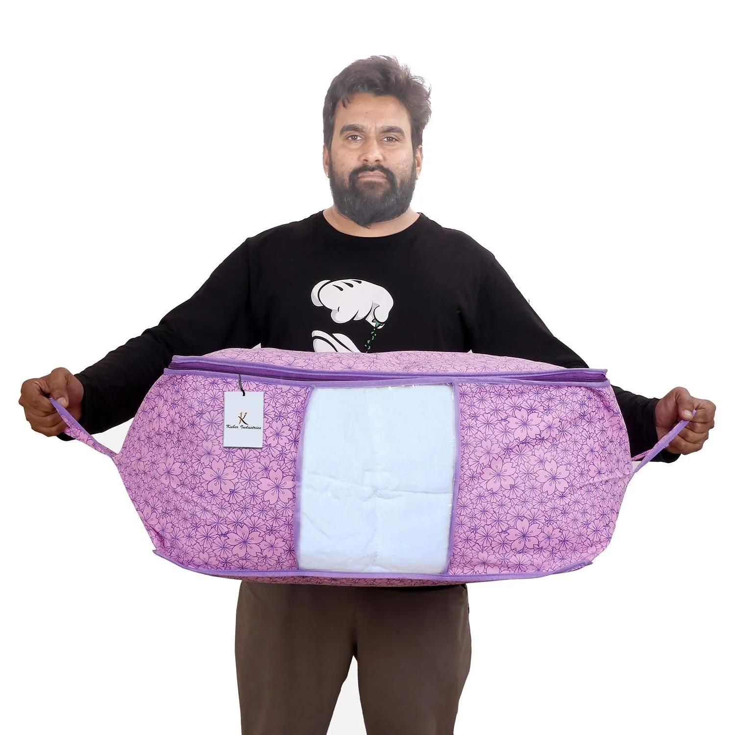 Kuber Industries Metallic Flower Design Non Woven 2 Pieces Underbed Storage Bag, Storage Organiser, Blanket Cover (Pink & Purple) - CTKTC034555