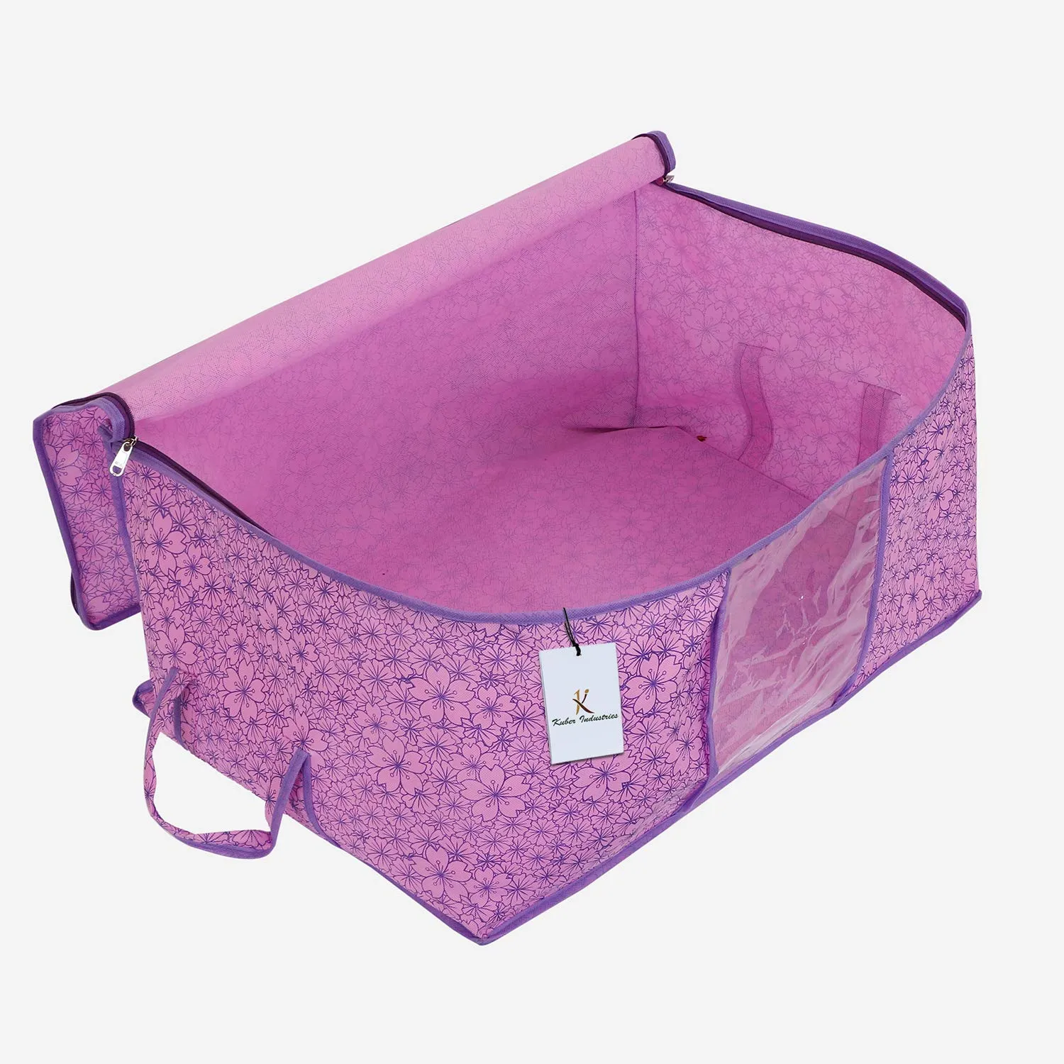 Kuber Industries Metallic Flower Design Non Woven 2 Pieces Underbed Storage Bag, Storage Organiser, Blanket Cover (Pink & Purple) - CTKTC034555