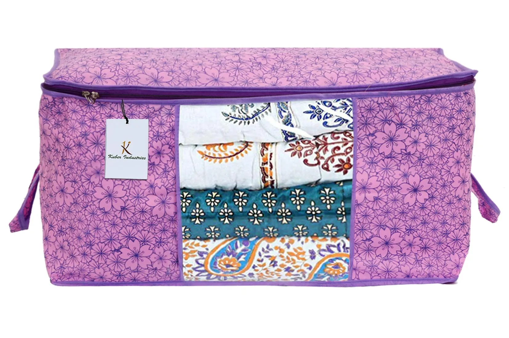 Kuber Industries Metallic Flower Design Non Woven 2 Pieces Underbed Storage Bag, Storage Organiser, Blanket Cover (Pink & Purple) - CTKTC034555
