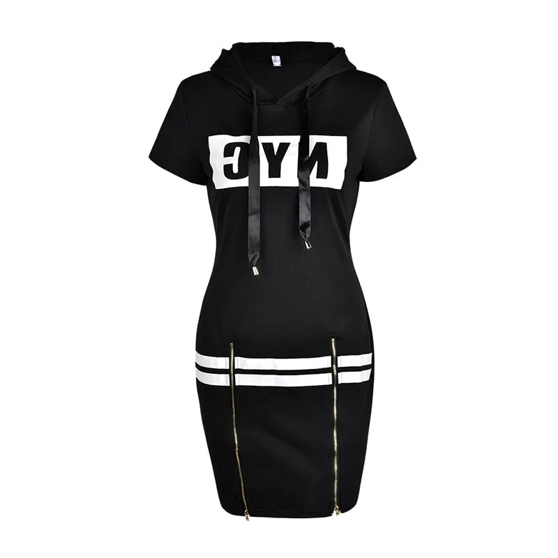 Letter Printed Dress Hooded Female Mini Dresses Vestidos Summer Slim Bodycon Dress Women Zipper Split Dress Streetwear Femme D30 Eyrt